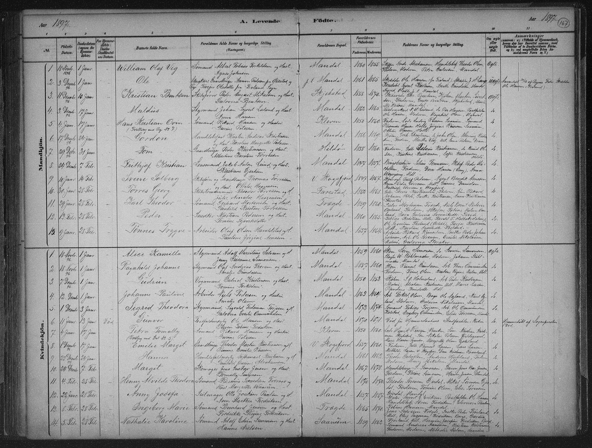 Mandal sokneprestkontor, SAK/1111-0030/F/Fb/Fba/L0011: Parish register (copy) no. B 5, 1880-1898, p. 167