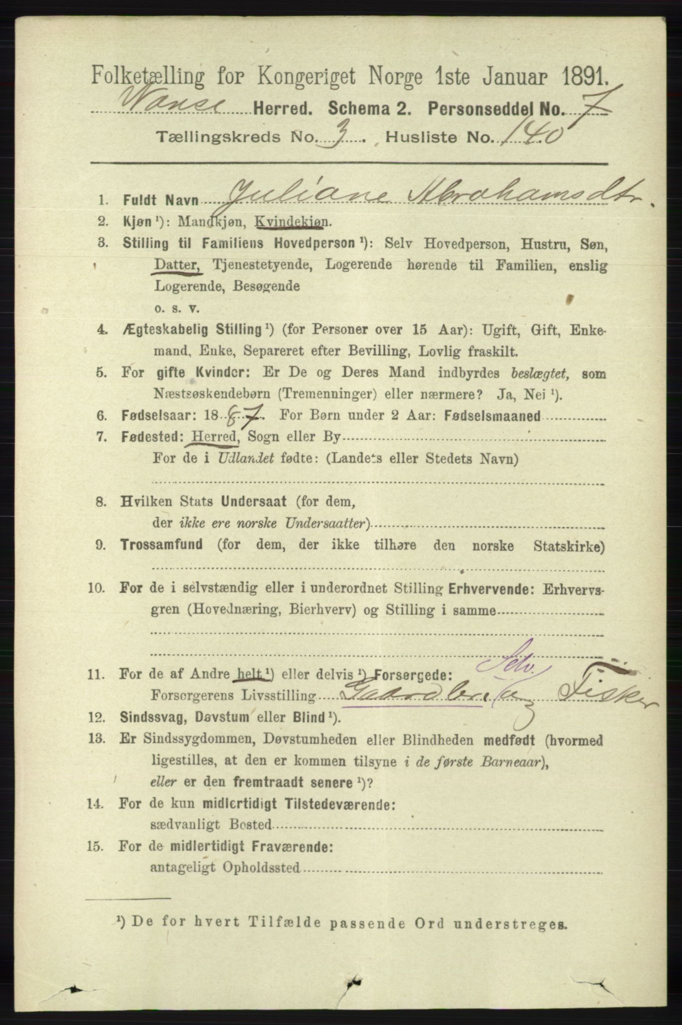 RA, 1891 census for 1041 Vanse, 1891, p. 2036