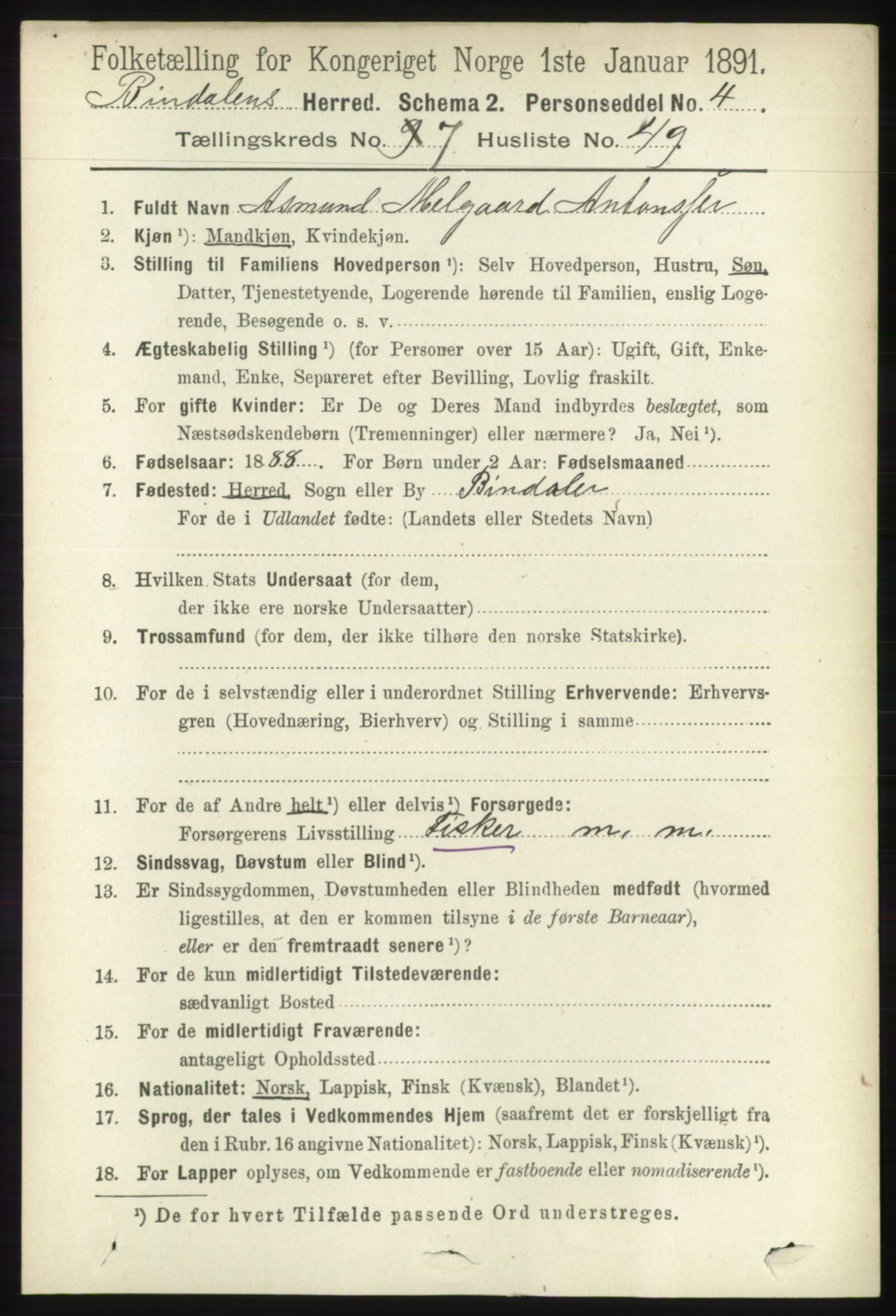 RA, 1891 census for 1811 Bindal, 1891, p. 2560