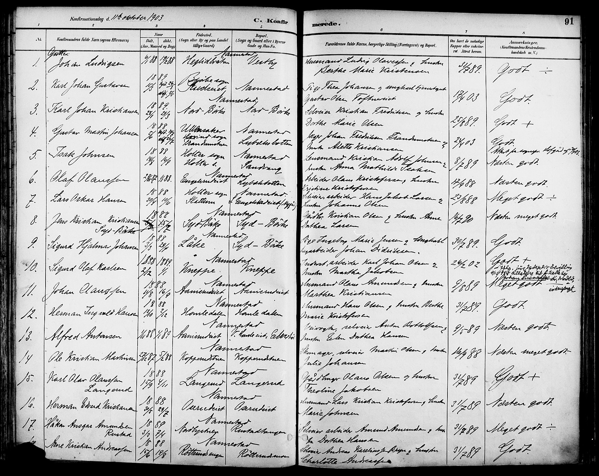 Nannestad prestekontor Kirkebøker, SAO/A-10414a/F/Fa/L0015: Parish register (official) no. I 15, 1891-1905, p. 91