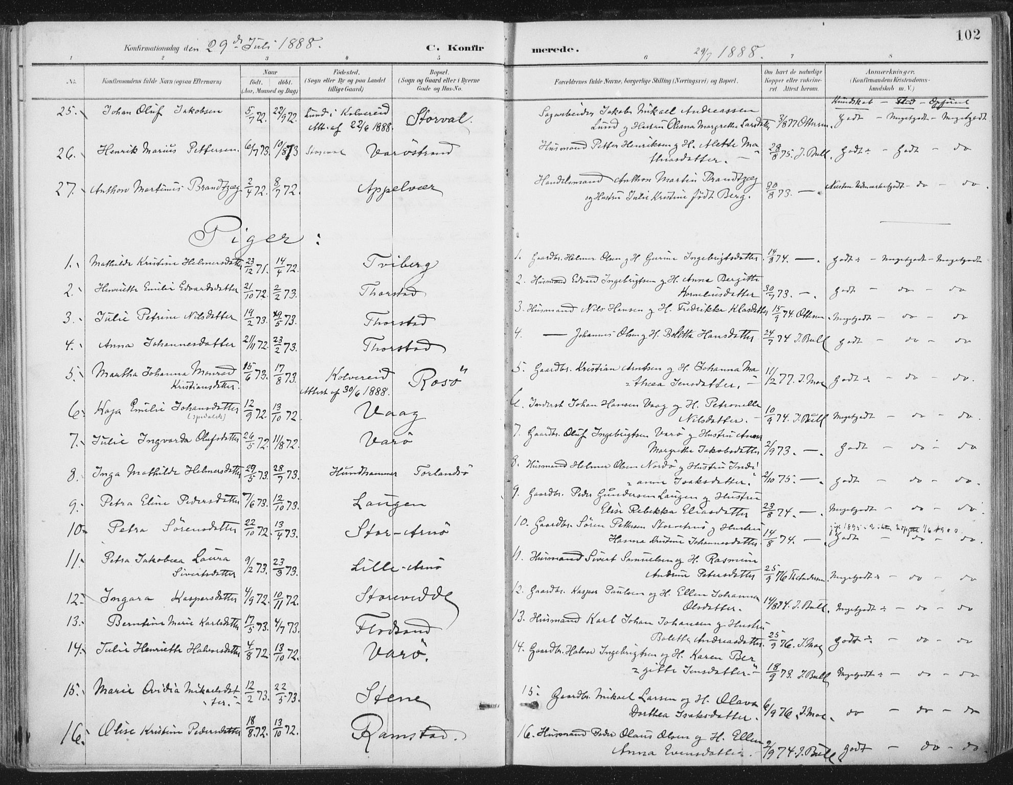 Ministerialprotokoller, klokkerbøker og fødselsregistre - Nord-Trøndelag, AV/SAT-A-1458/784/L0673: Parish register (official) no. 784A08, 1888-1899, p. 102