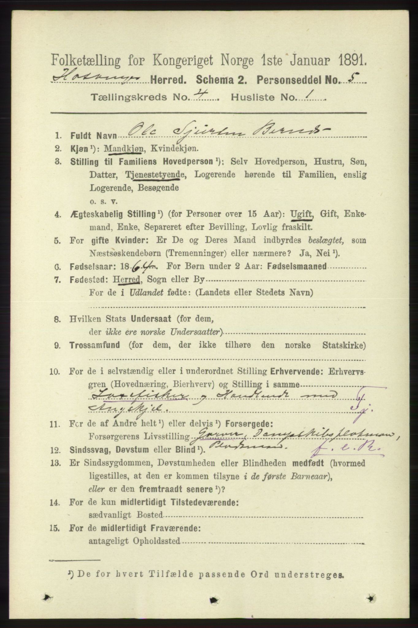 RA, 1891 census for 1253 Hosanger, 1891, p. 1444