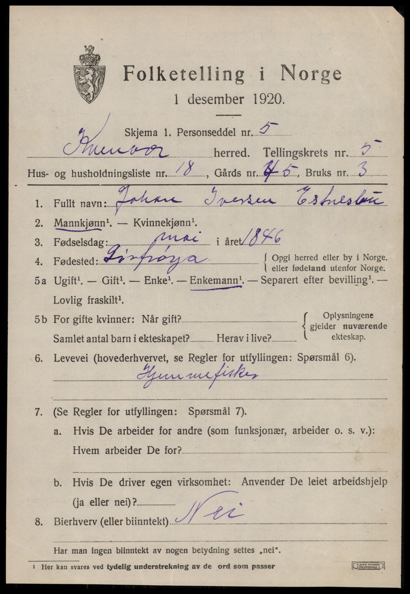 SAT, 1920 census for Kvenvær, 1920, p. 2102