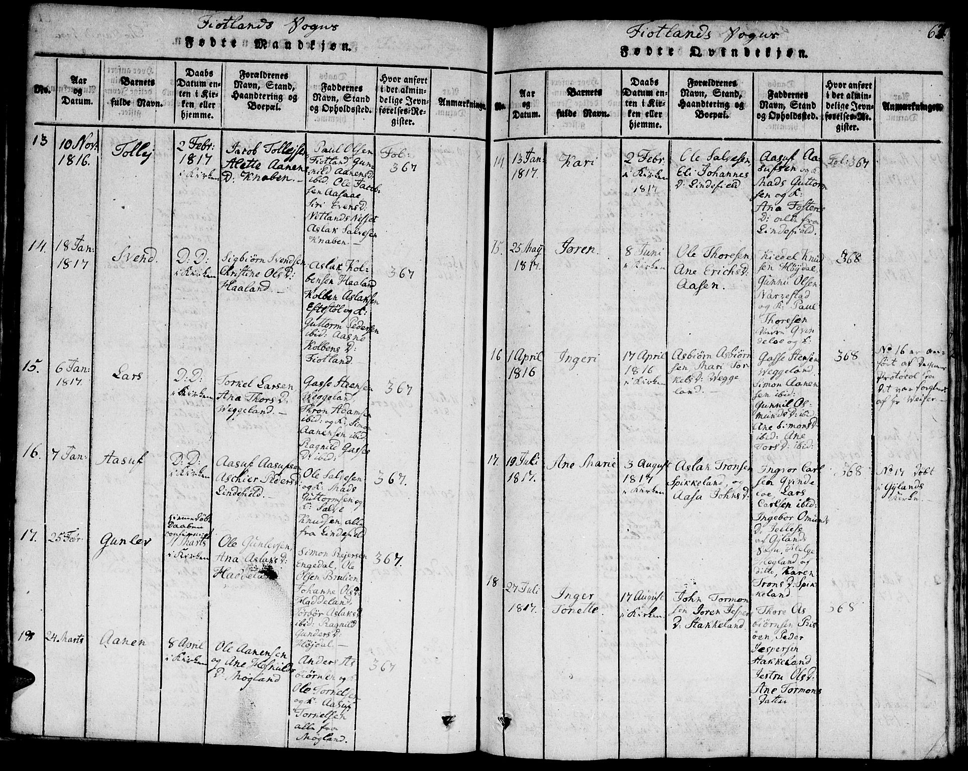 Hægebostad sokneprestkontor, SAK/1111-0024/F/Fa/Faa/L0002: Parish register (official) no. A 2 /3, 1816-1825, p. 67
