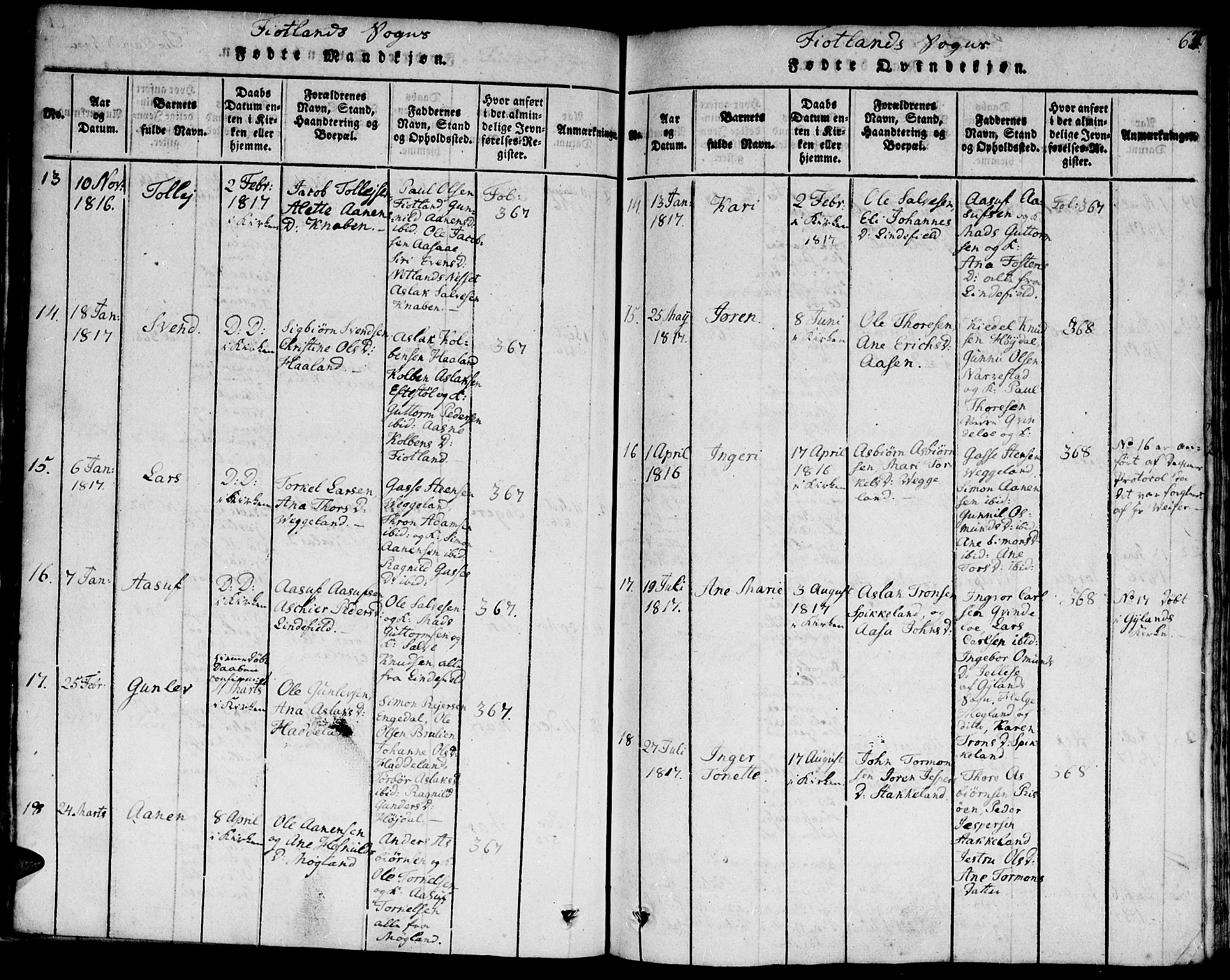 Hægebostad sokneprestkontor, AV/SAK-1111-0024/F/Fa/Faa/L0002: Parish register (official) no. A 2 /3, 1816-1825, p. 67