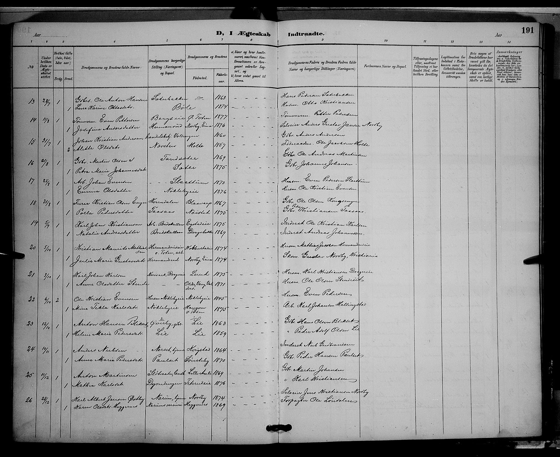 Vestre Toten prestekontor, SAH/PREST-108/H/Ha/Hab/L0009: Parish register (copy) no. 9, 1888-1900, p. 191