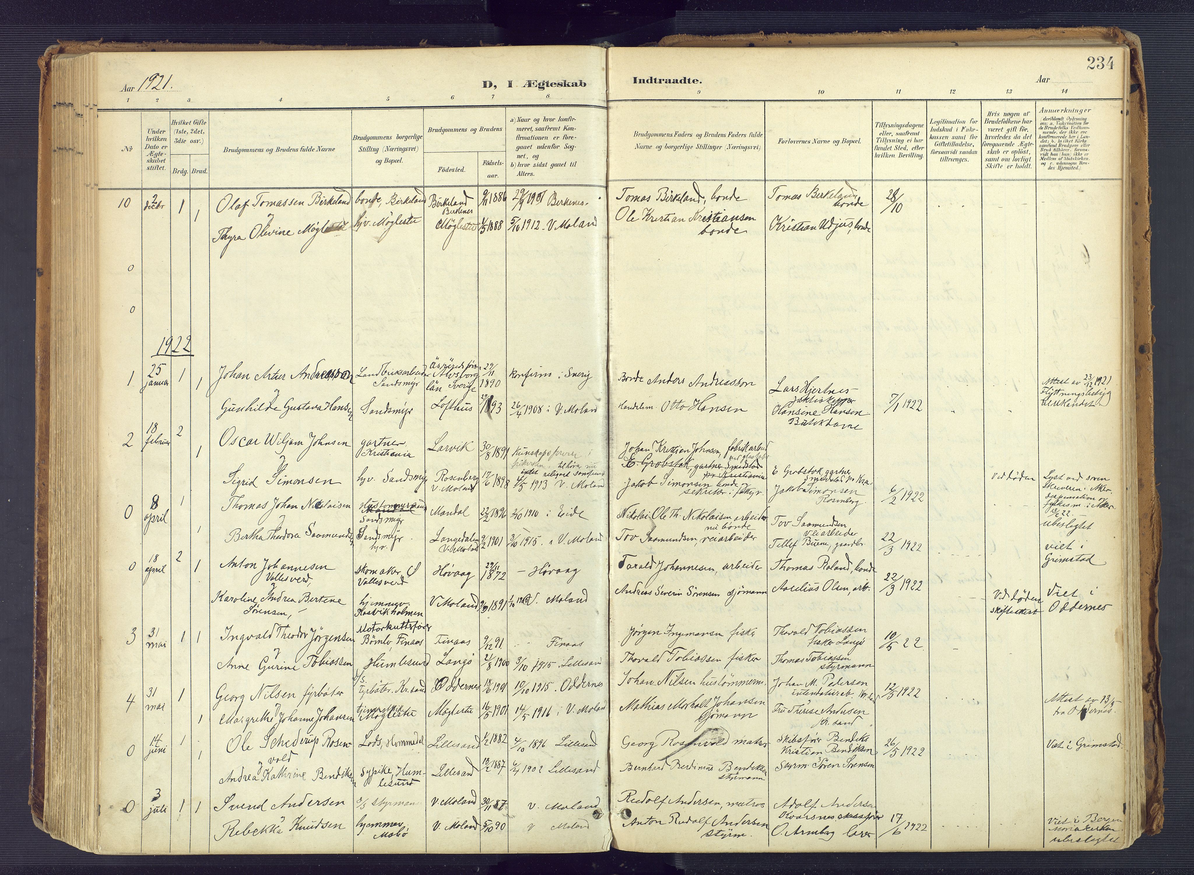 Vestre Moland sokneprestkontor, AV/SAK-1111-0046/F/Fa/Fab/L0010: Parish register (official) no. A 10, 1900-1926, p. 234