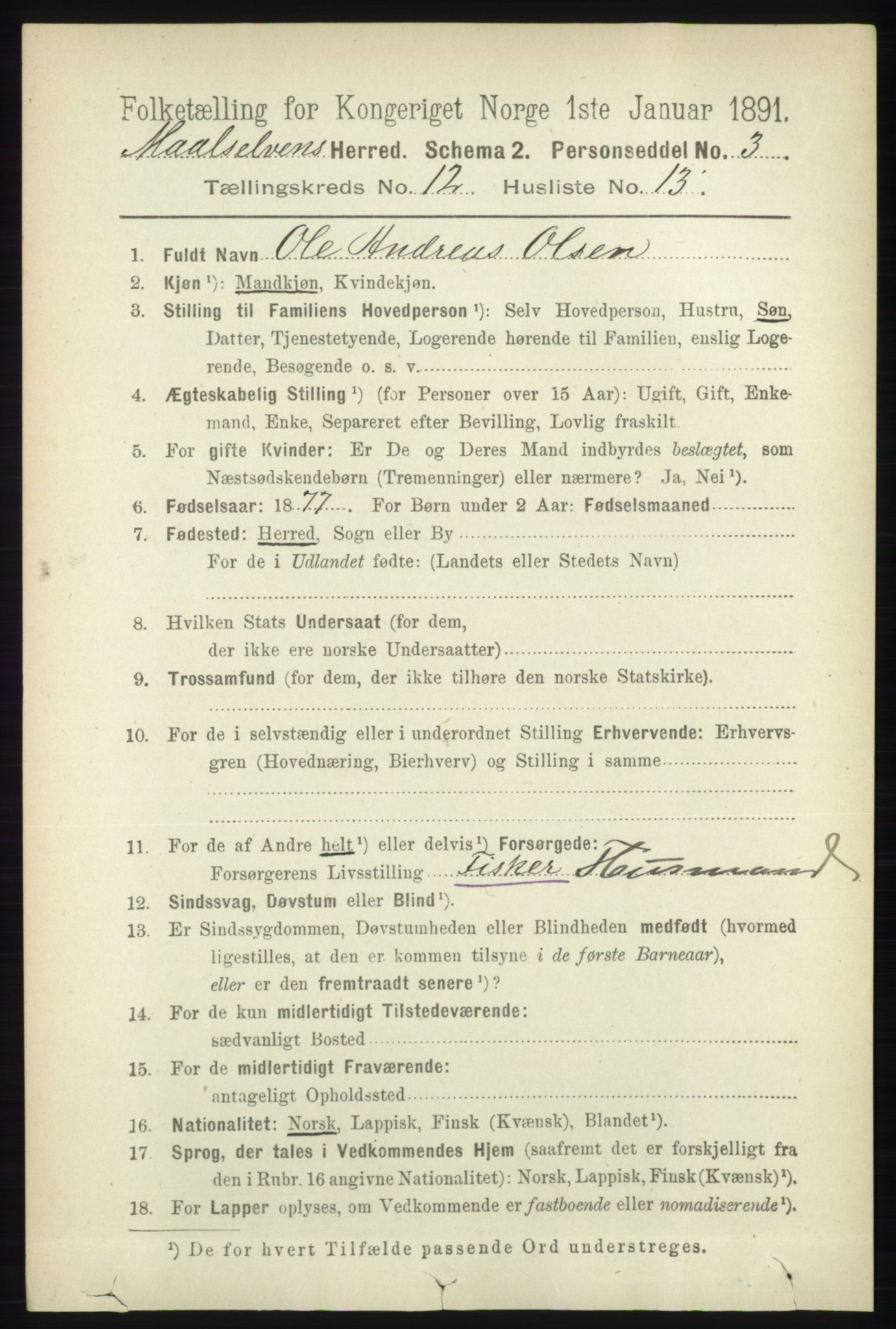 RA, 1891 census for 1924 Målselv, 1891, p. 3876