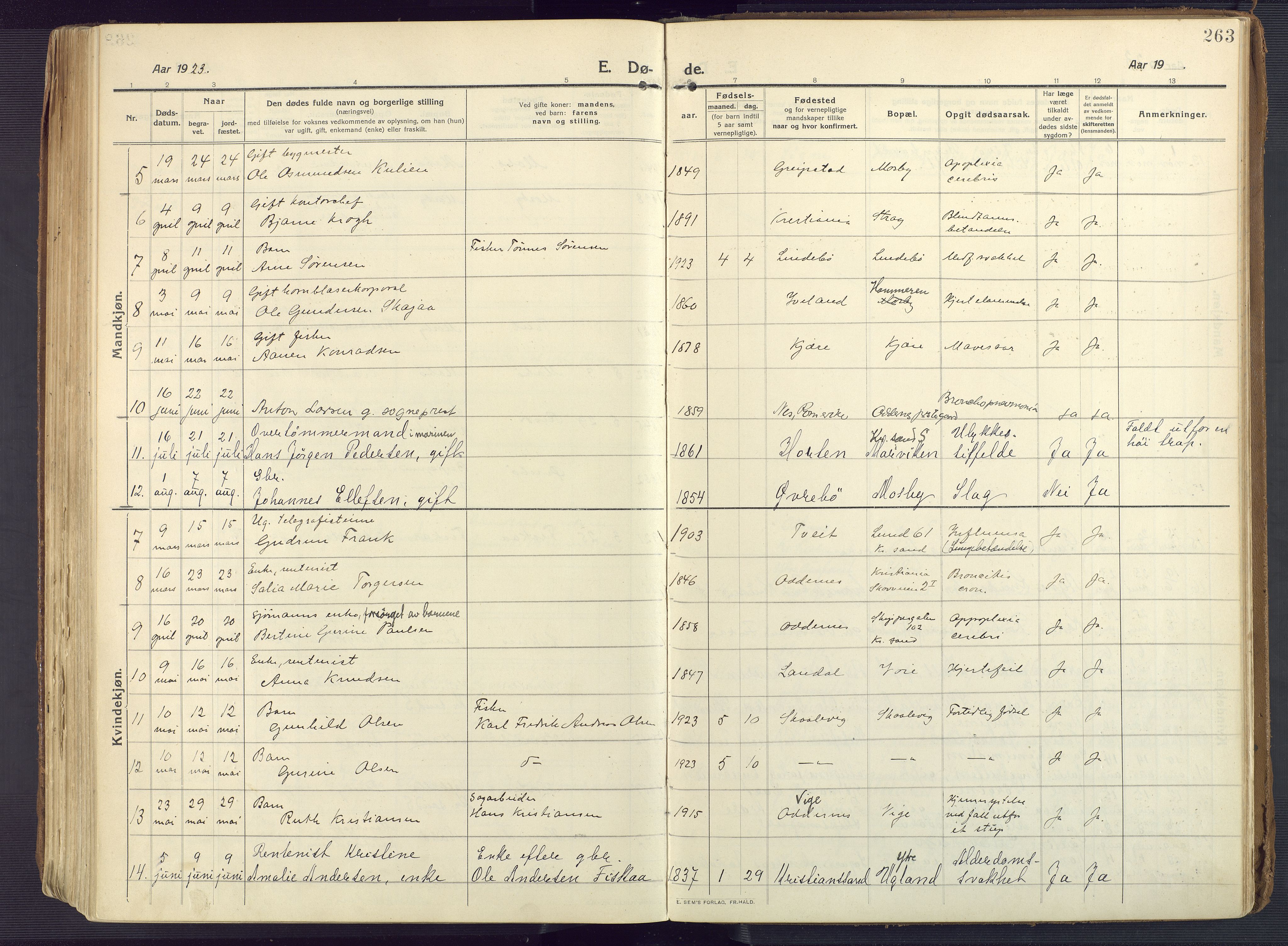 Oddernes sokneprestkontor, AV/SAK-1111-0033/F/Fa/Faa/L0012: Parish register (official) no. A 12, 1912-1925, p. 263