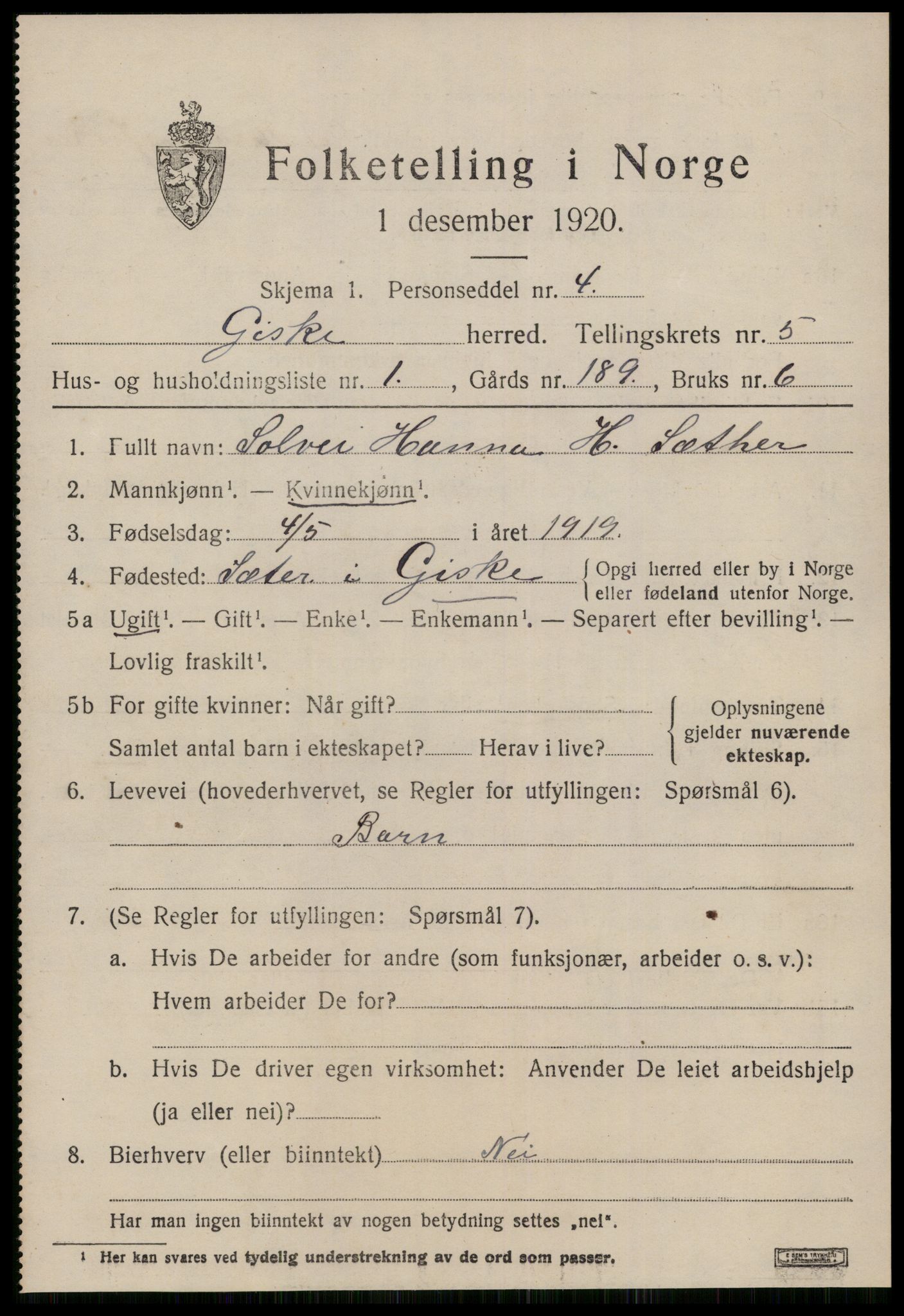 SAT, 1920 census for Giske, 1920, p. 3634