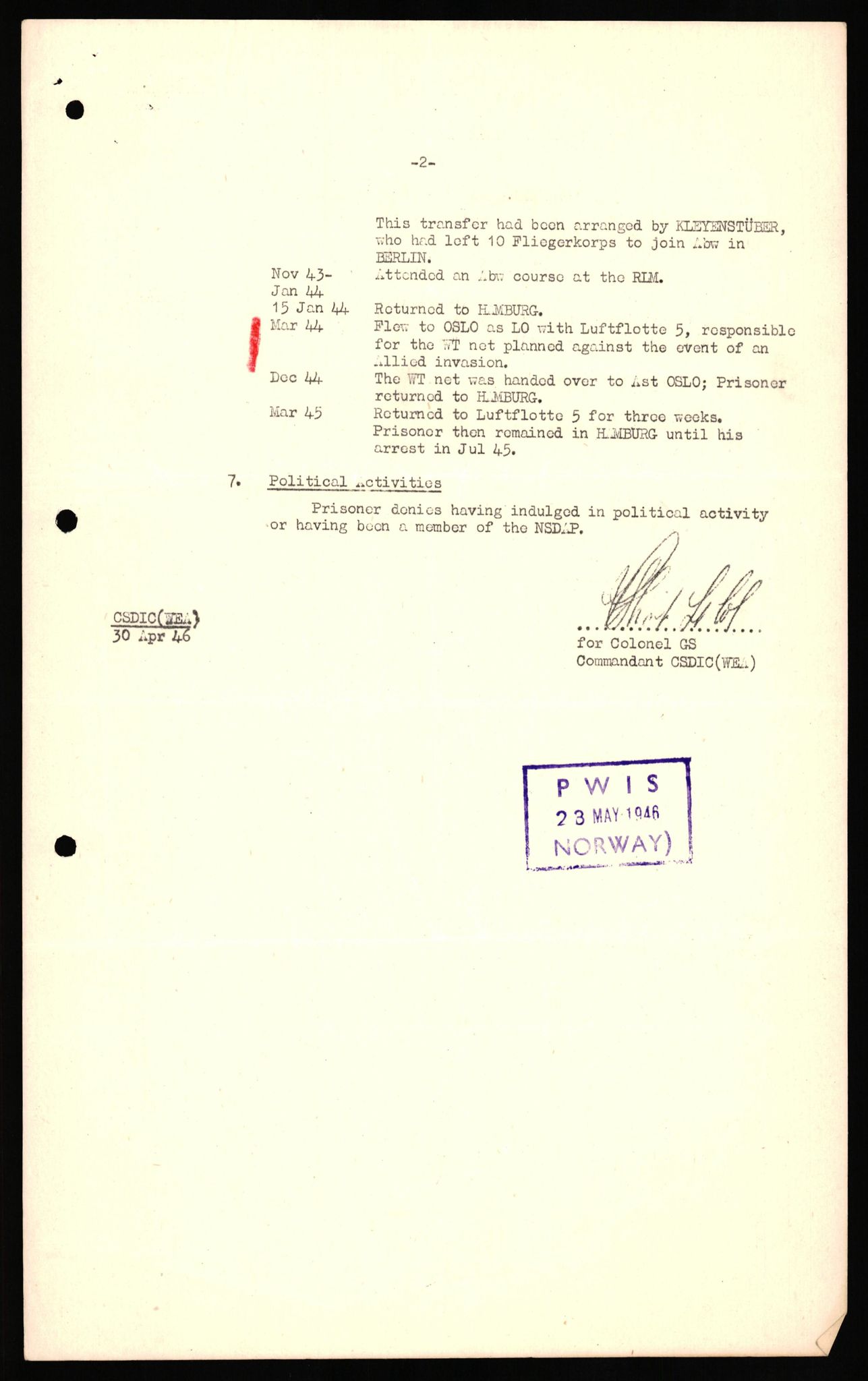 Forsvaret, Forsvarets overkommando II, AV/RA-RAFA-3915/D/Db/L0027: CI Questionaires. Tyske okkupasjonsstyrker i Norge. Tyskere., 1945-1946, p. 67