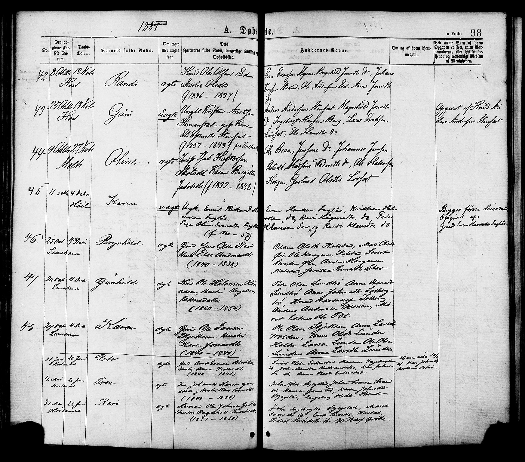 Ministerialprotokoller, klokkerbøker og fødselsregistre - Sør-Trøndelag, AV/SAT-A-1456/691/L1079: Parish register (official) no. 691A11, 1873-1886, p. 98