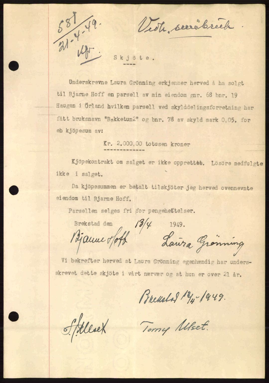 Fosen sorenskriveri, AV/SAT-A-1107/1/2/2C: Mortgage book no. A9, 1948-1949, Diary no: : 581/1949