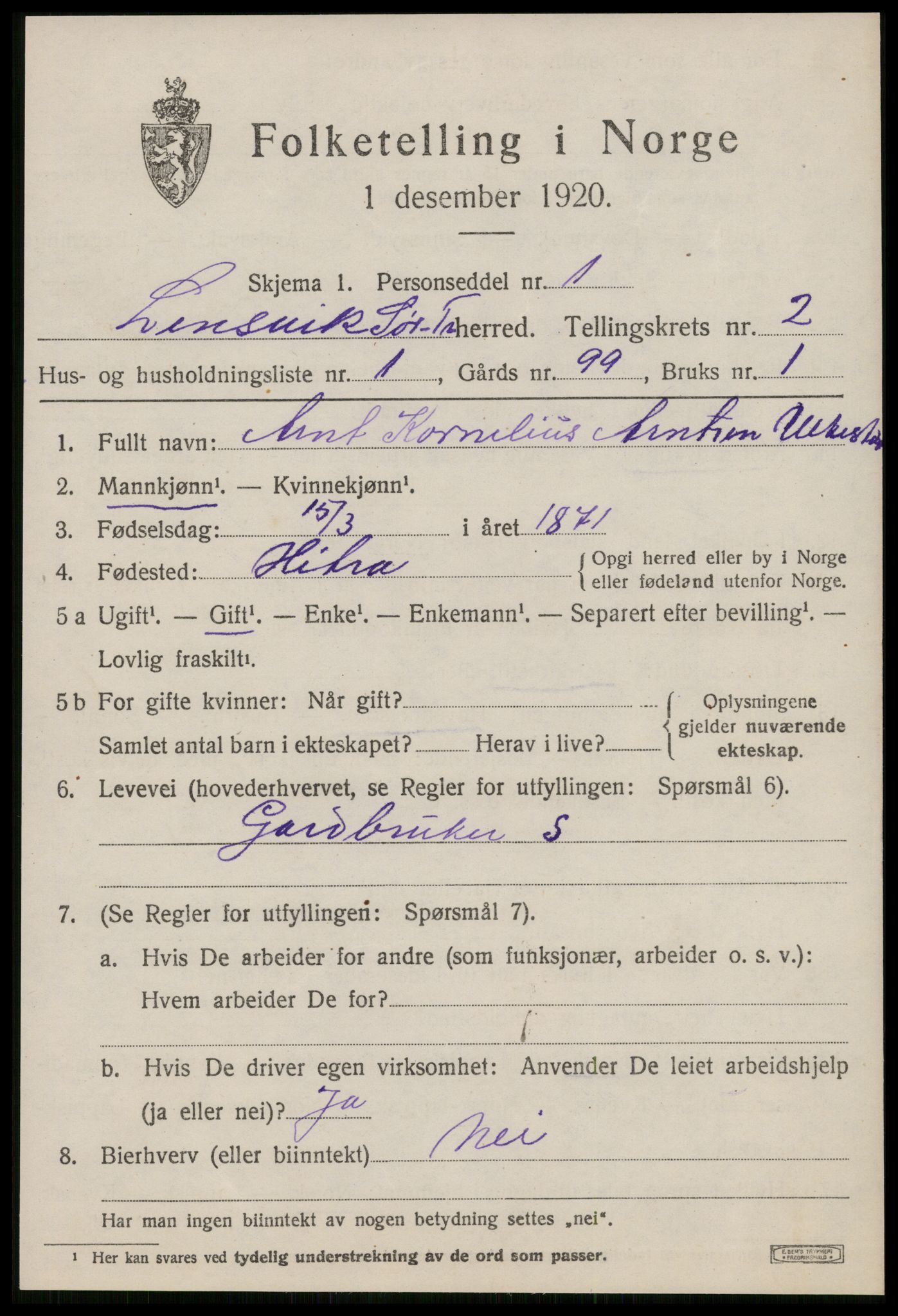 SAT, 1920 census for Lensvik, 1920, p. 1282