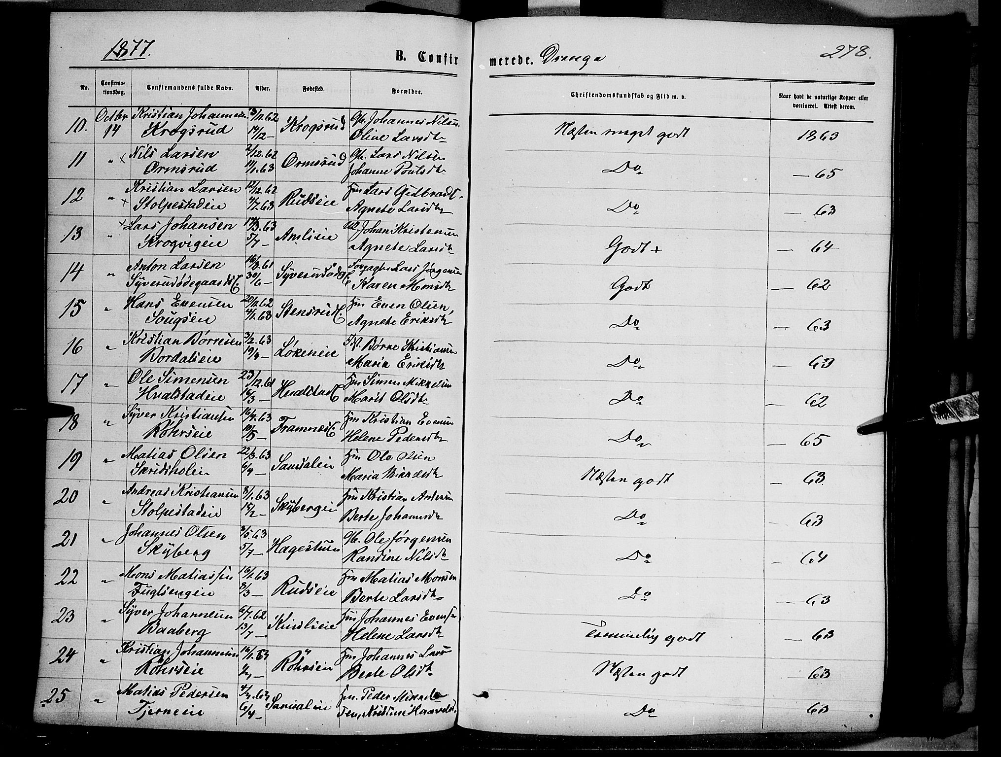 Ringsaker prestekontor, AV/SAH-PREST-014/K/Ka/L0011: Parish register (official) no. 11, 1870-1878, p. 278