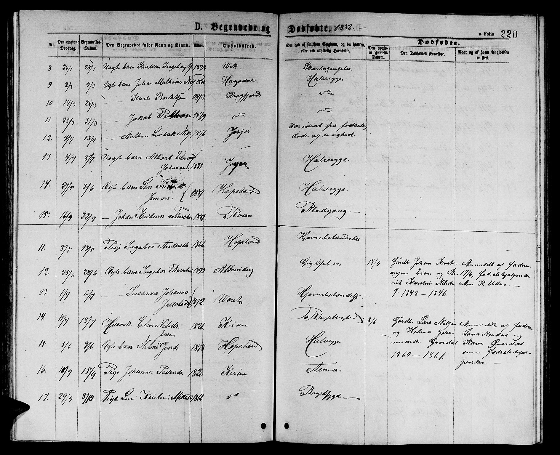 Ministerialprotokoller, klokkerbøker og fødselsregistre - Sør-Trøndelag, SAT/A-1456/657/L0715: Parish register (copy) no. 657C02, 1873-1888, p. 220