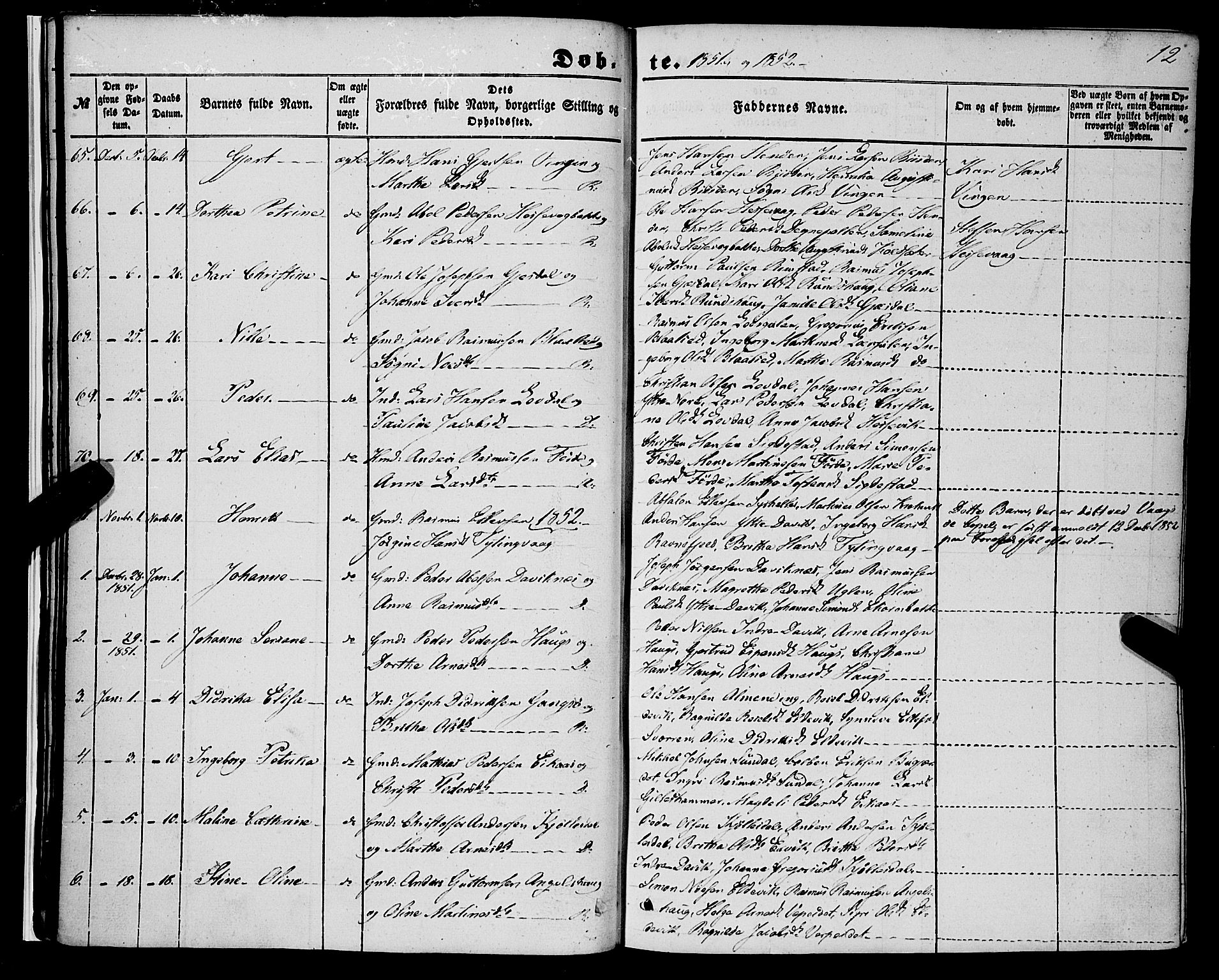 Davik sokneprestembete, AV/SAB-A-79701/H/Haa/Haaa/L0005: Parish register (official) no. A 5, 1850-1866, p. 12