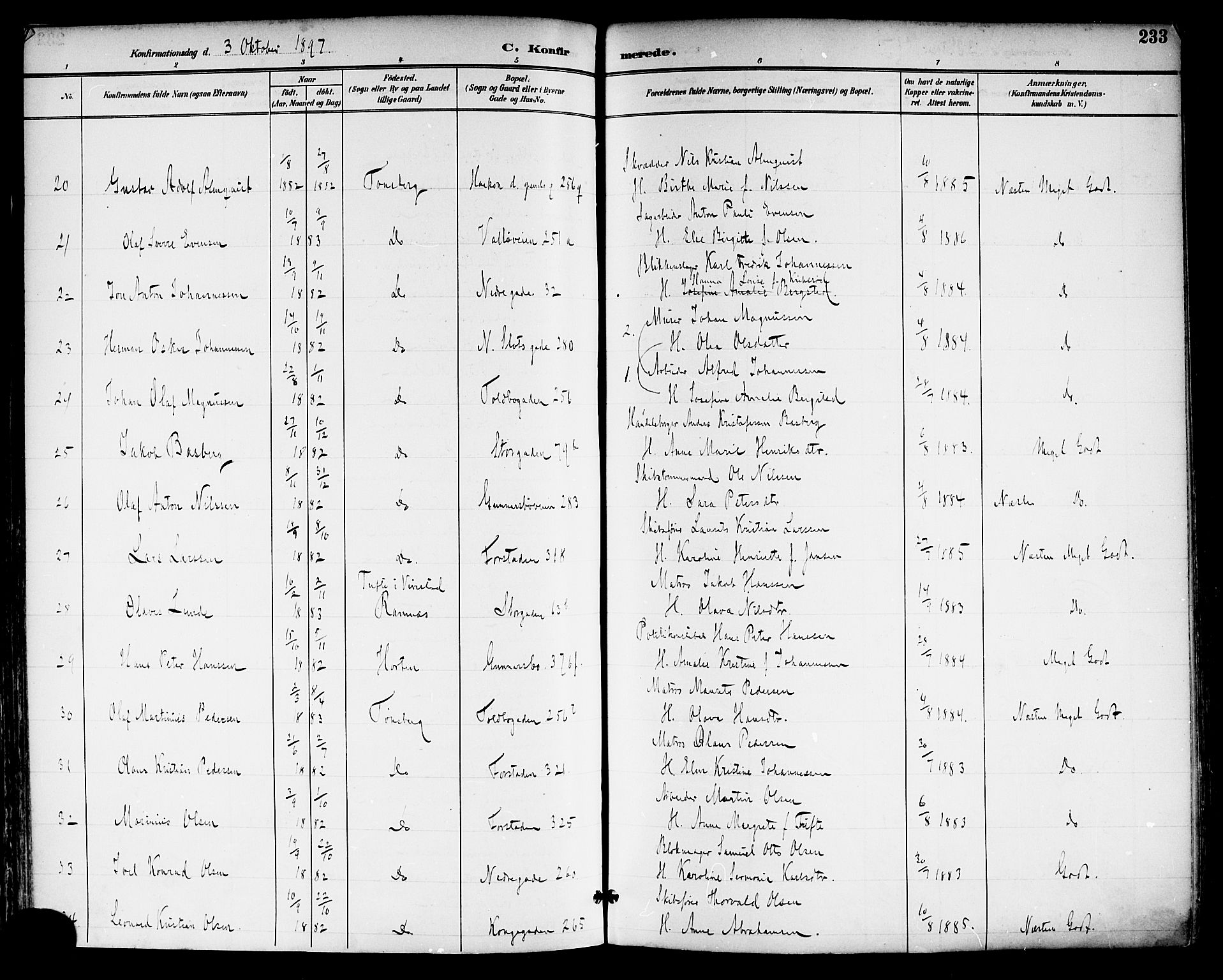 Tønsberg kirkebøker, AV/SAKO-A-330/F/Fa/L0012: Parish register (official) no. I 12, 1891-1899, p. 233