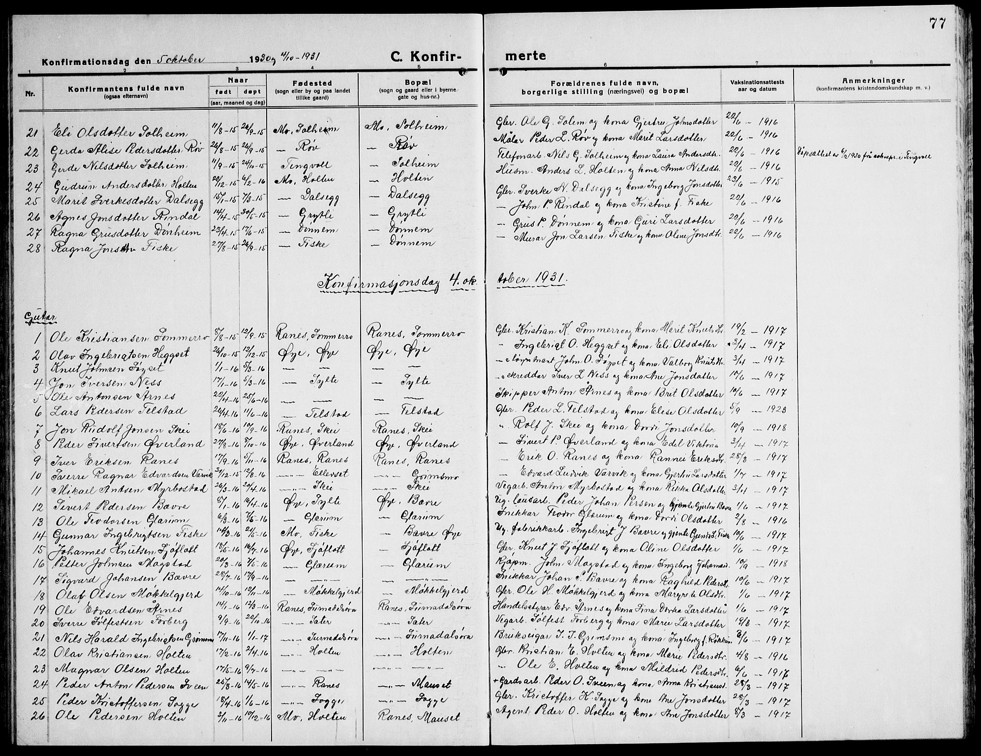 Ministerialprotokoller, klokkerbøker og fødselsregistre - Møre og Romsdal, AV/SAT-A-1454/596/L1060: Parish register (copy) no. 596C03, 1923-1944, p. 77