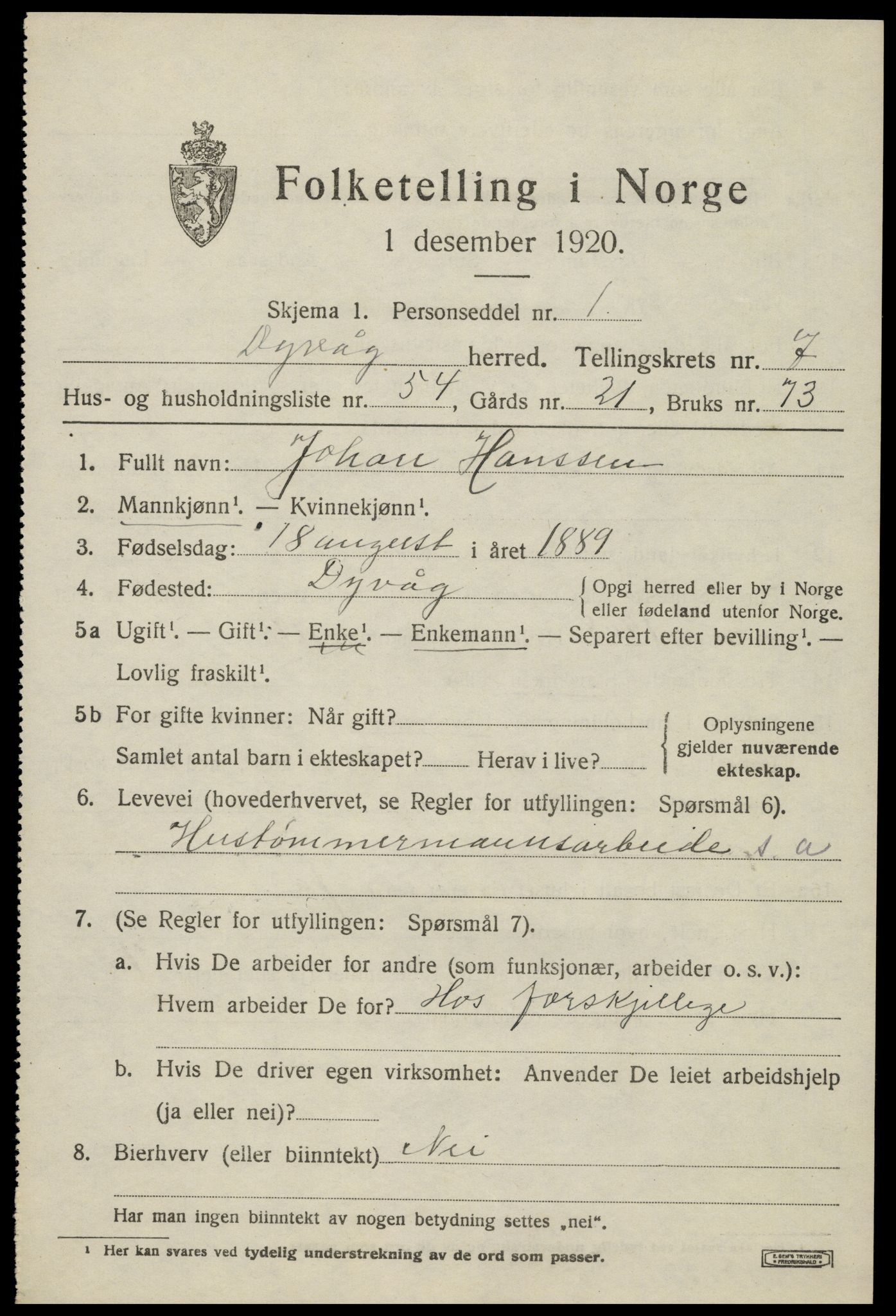 SAK, 1920 census for Dypvåg, 1920, p. 6199