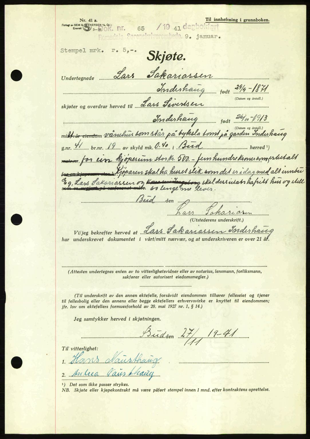 Romsdal sorenskriveri, AV/SAT-A-4149/1/2/2C: Mortgage book no. A11, 1941-1942, Diary no: : 65/1942