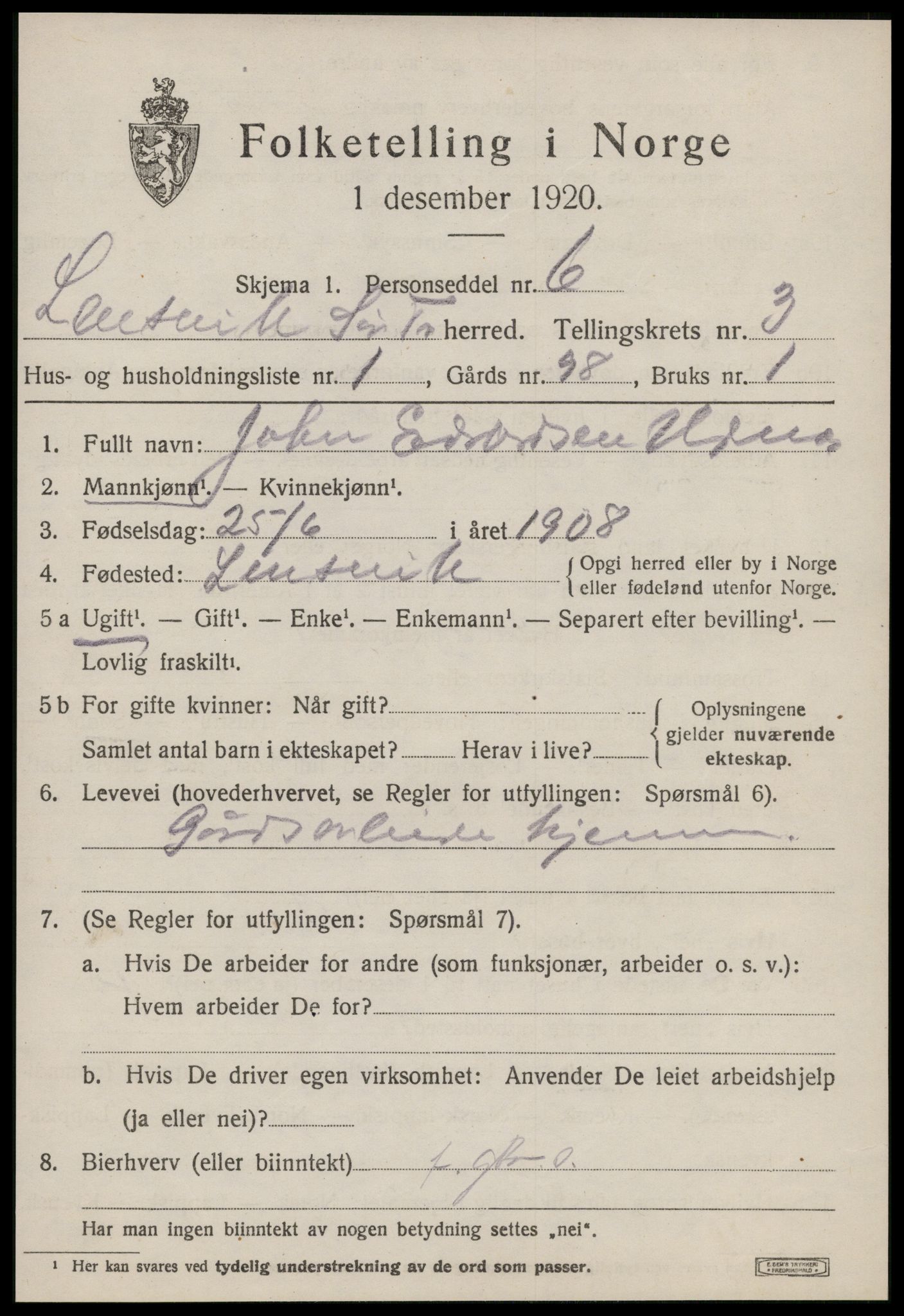 SAT, 1920 census for Lensvik, 1920, p. 1718