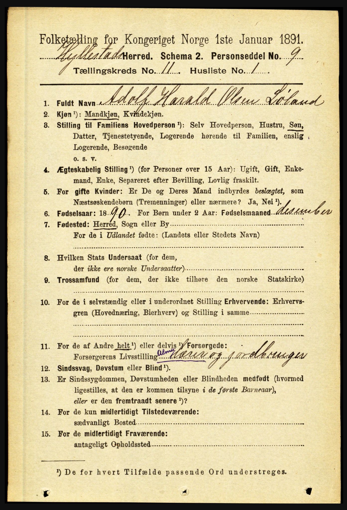 RA, 1891 census for 1413 Hyllestad, 1891, p. 2037