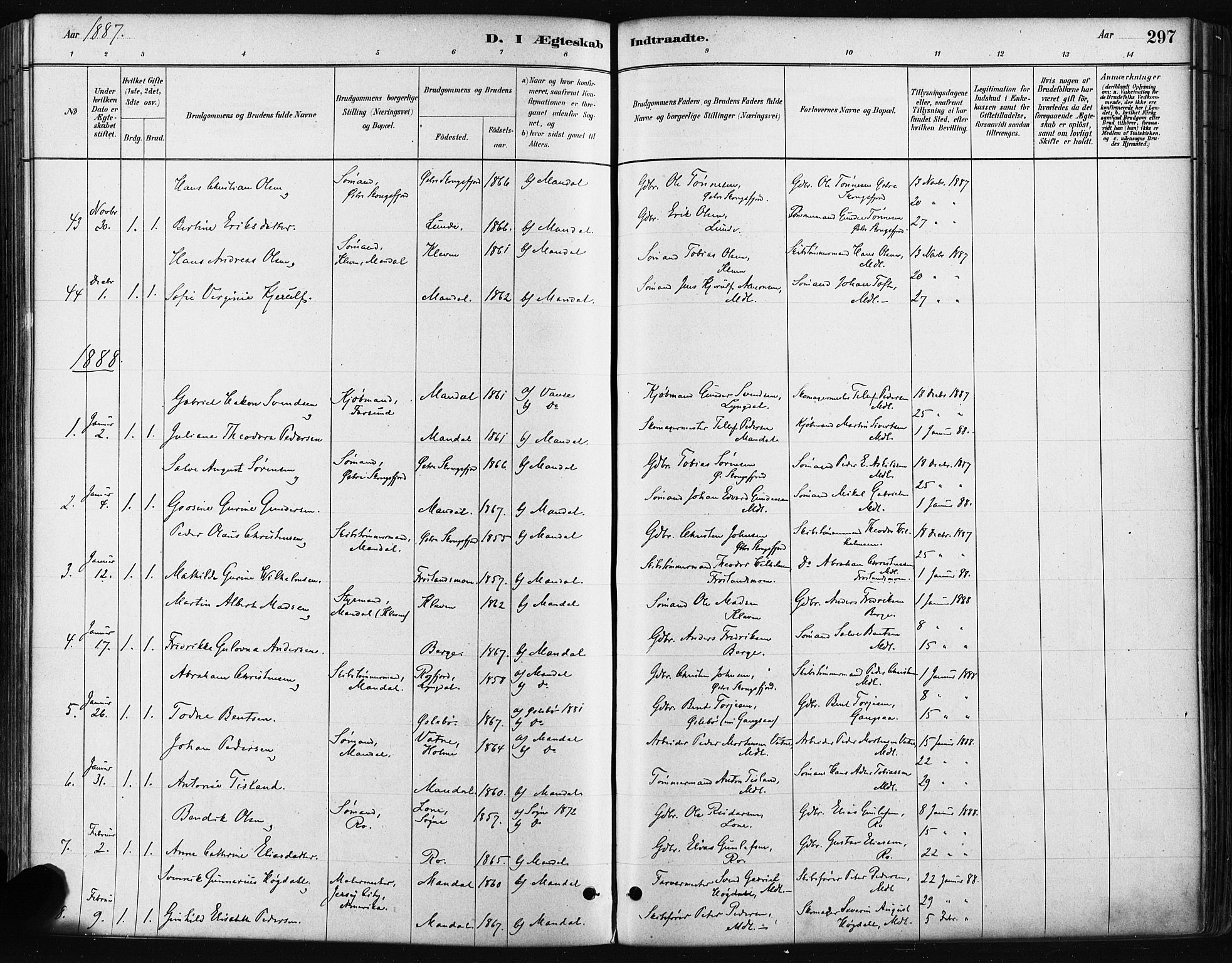 Mandal sokneprestkontor, SAK/1111-0030/F/Fa/Faa/L0016: Parish register (official) no. A 16, 1880-1890, p. 297