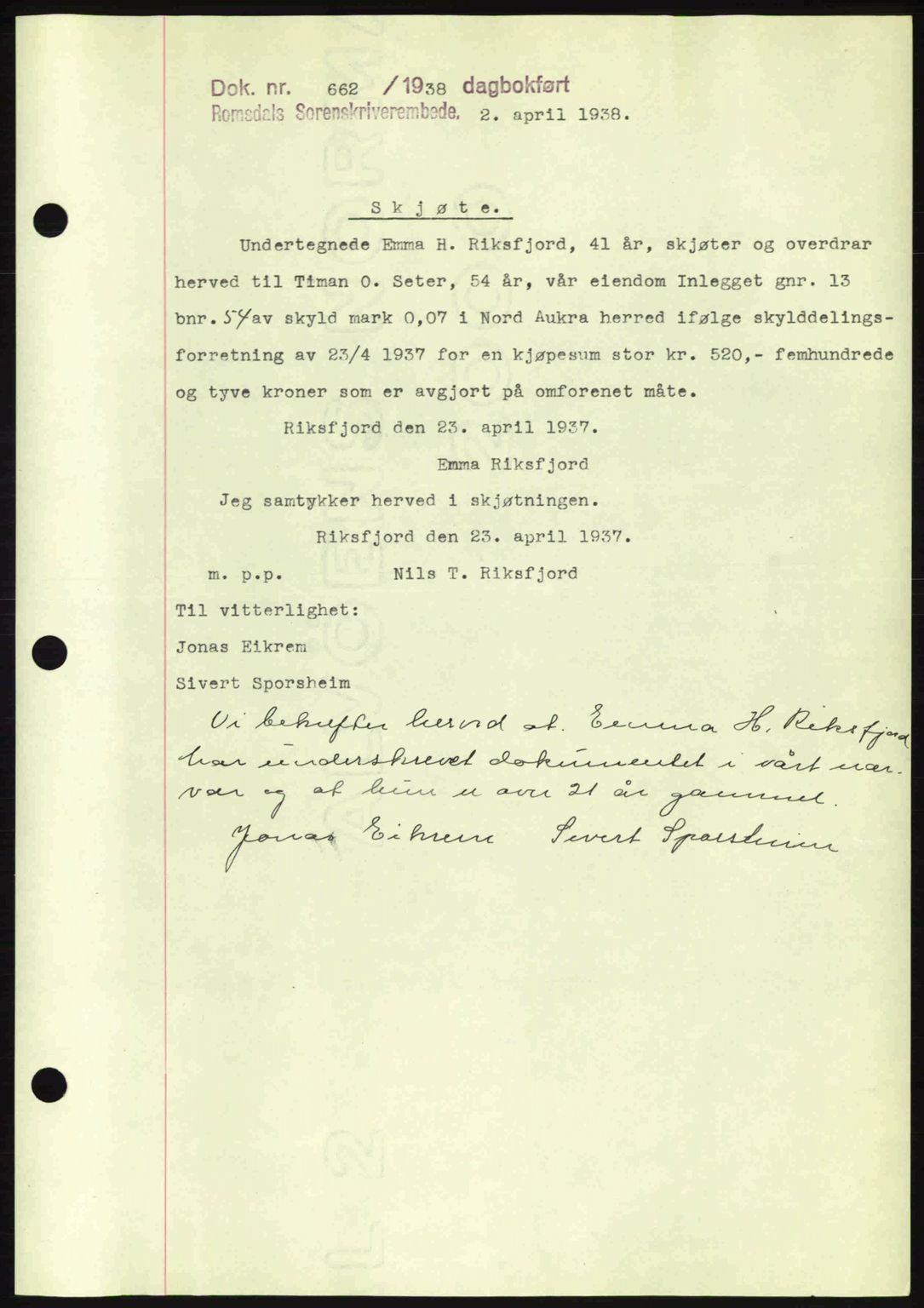 Romsdal sorenskriveri, AV/SAT-A-4149/1/2/2C: Mortgage book no. A4, 1937-1938, Diary no: : 662/1938