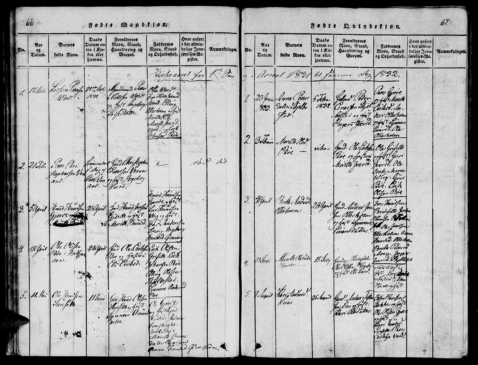 Ministerialprotokoller, klokkerbøker og fødselsregistre - Møre og Romsdal, SAT/A-1454/543/L0561: Parish register (official) no. 543A01, 1818-1853, p. 66-67