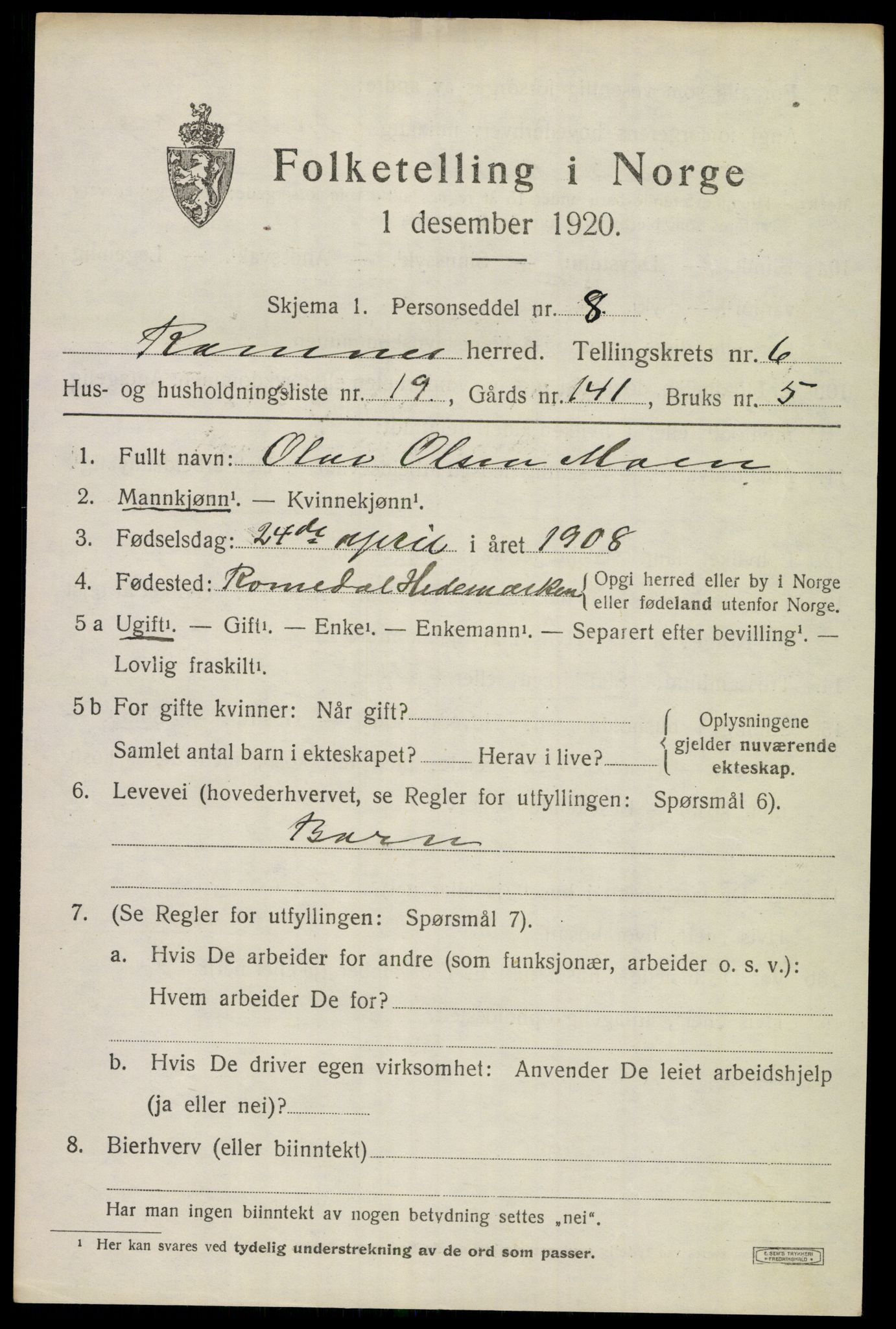 SAKO, 1920 census for Ramnes, 1920, p. 6378