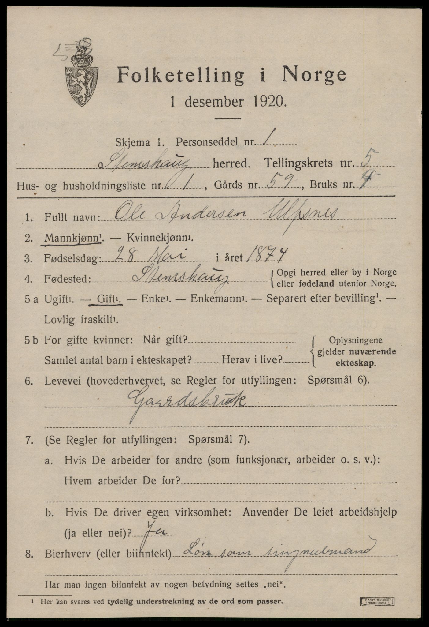 SAT, 1920 census for Stemshaug, 1920, p. 1892