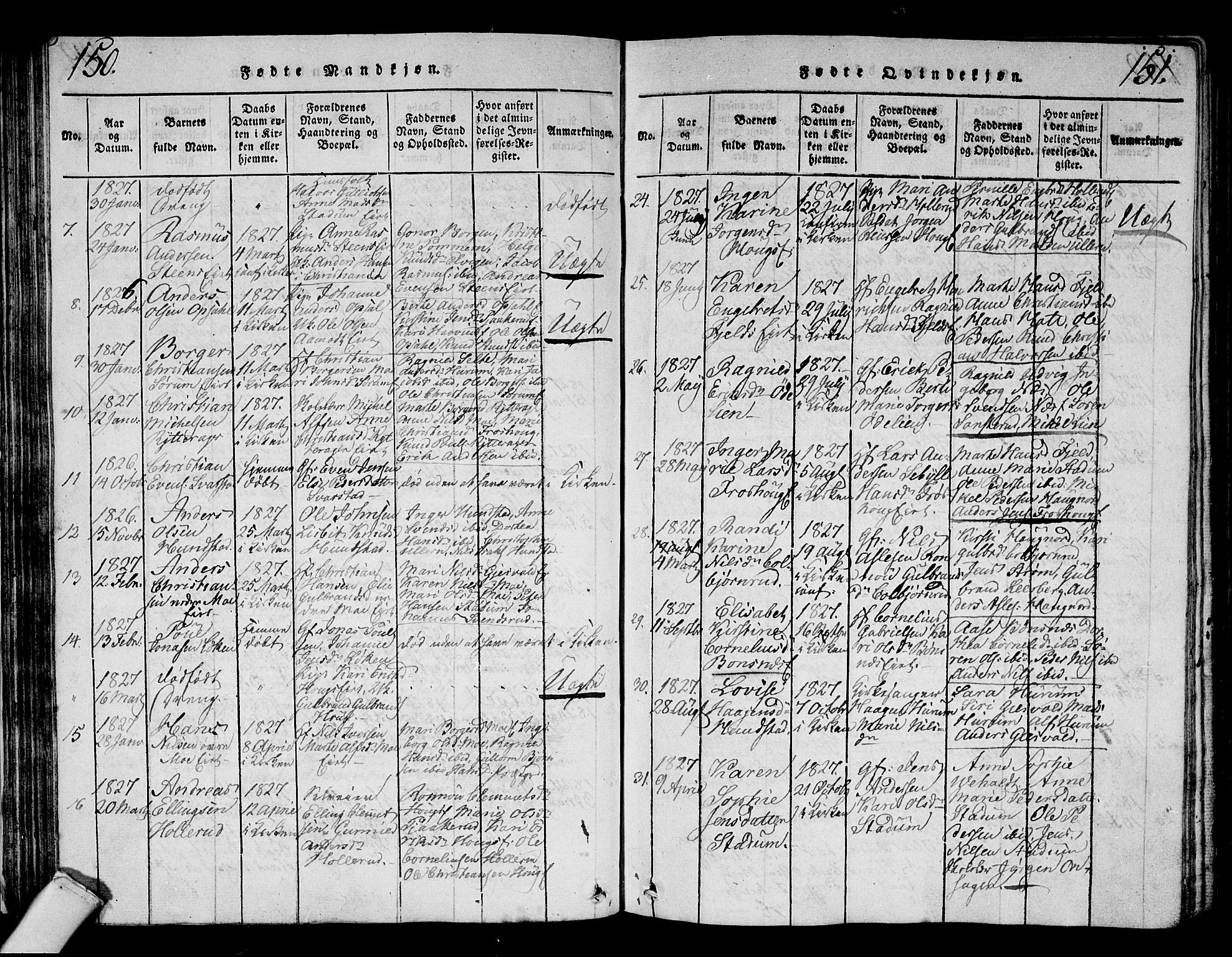 Hole kirkebøker, SAKO/A-228/G/Ga/L0001: Parish register (copy) no. I 1, 1814-1842, p. 150-151