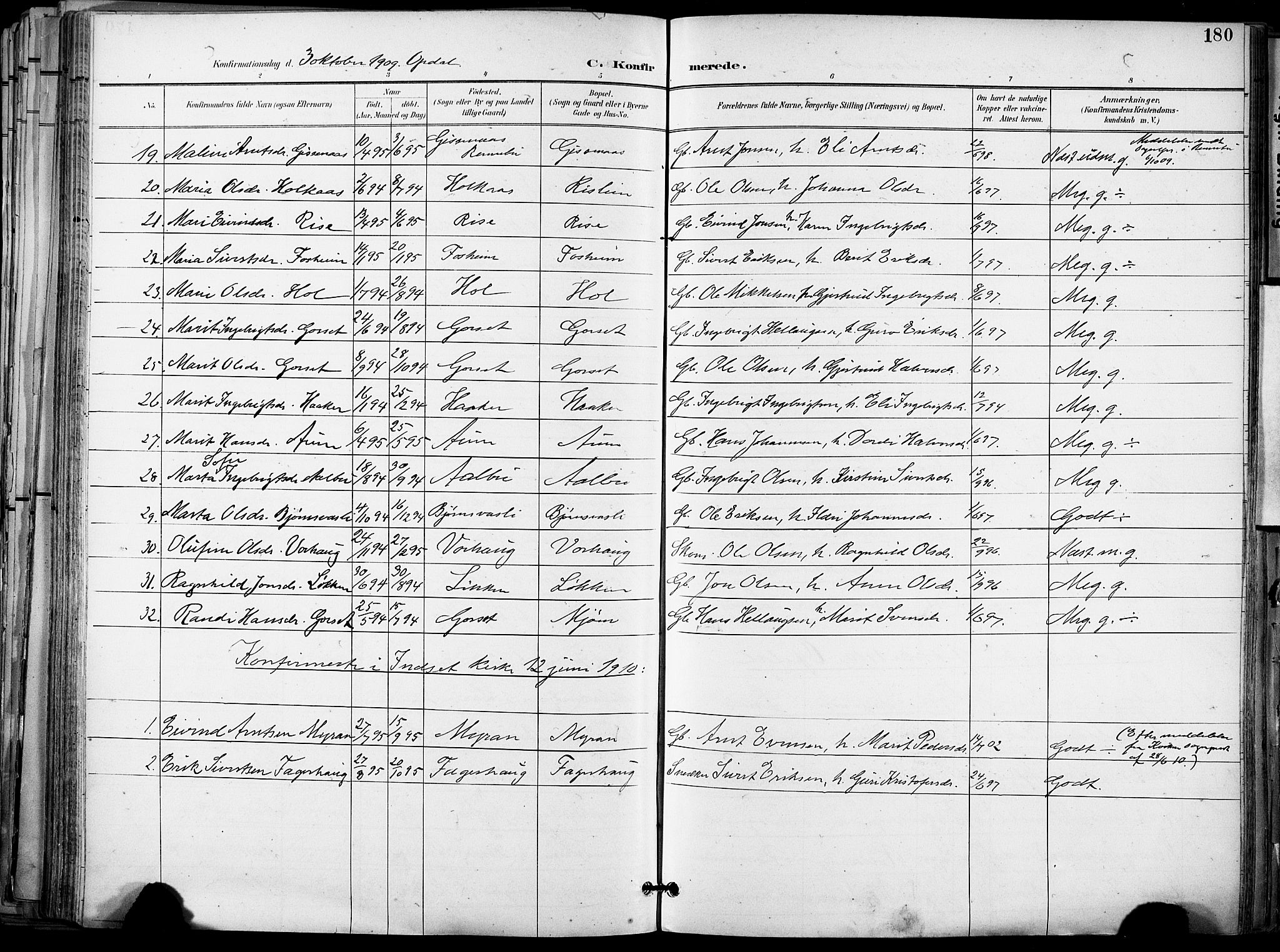 Ministerialprotokoller, klokkerbøker og fødselsregistre - Sør-Trøndelag, SAT/A-1456/678/L0902: Parish register (official) no. 678A11, 1895-1911, p. 180
