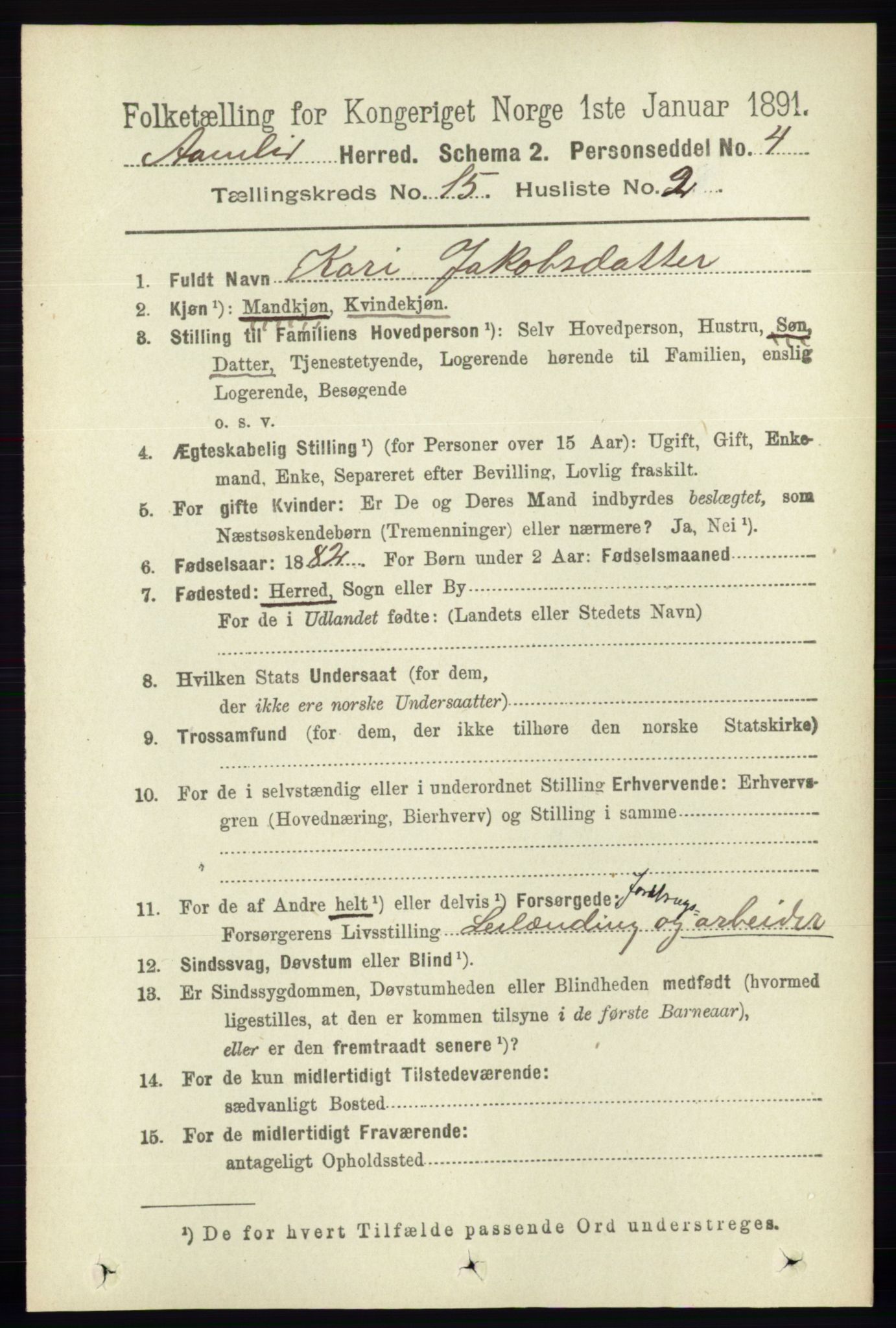 RA, 1891 census for 0929 Åmli, 1891, p. 2554