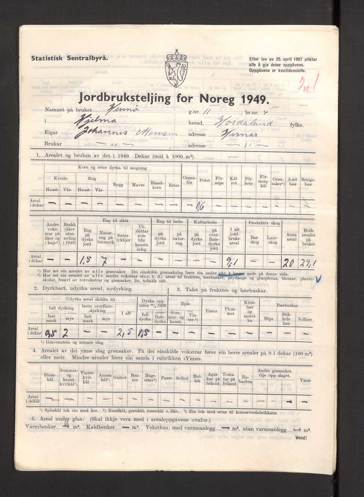 Statistisk sentralbyrå, Næringsøkonomiske emner, Jordbruk, skogbruk, jakt, fiske og fangst, AV/RA-S-2234/G/Gc/L0276: Hordaland: Herdla og Hjelme, 1949, p. 1166