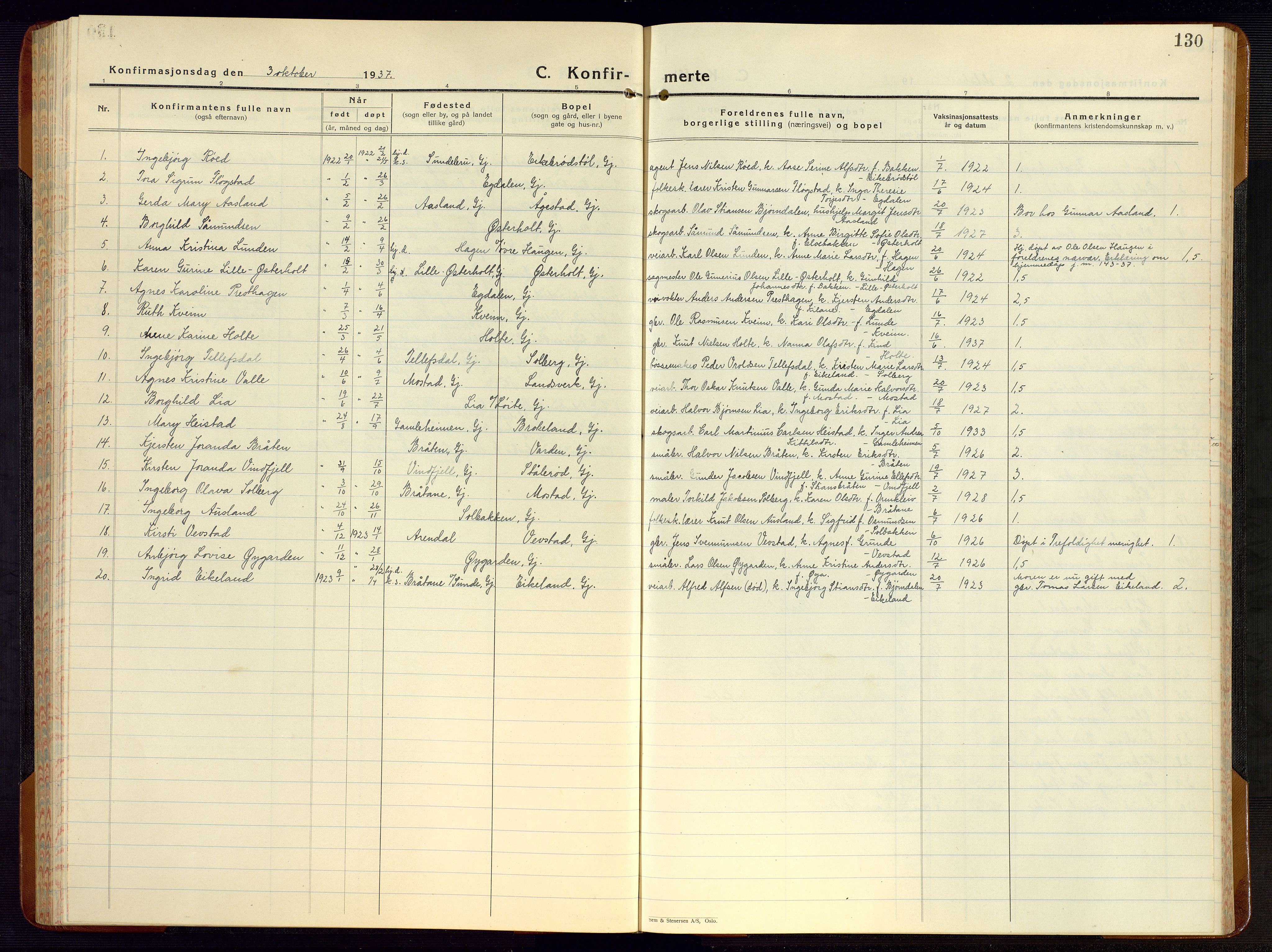 Gjerstad sokneprestkontor, AV/SAK-1111-0014/F/Fb/Fba/L0009: Parish register (copy) no. B 9, 1925-1946, p. 130