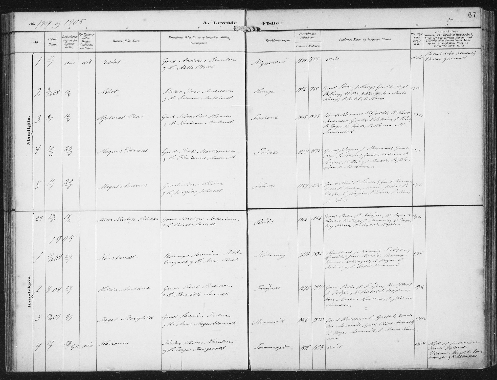 Bremanger sokneprestembete, SAB/A-82201/H/Haa/Haab/L0002: Parish register (official) no. B  2, 1896-1908, p. 67