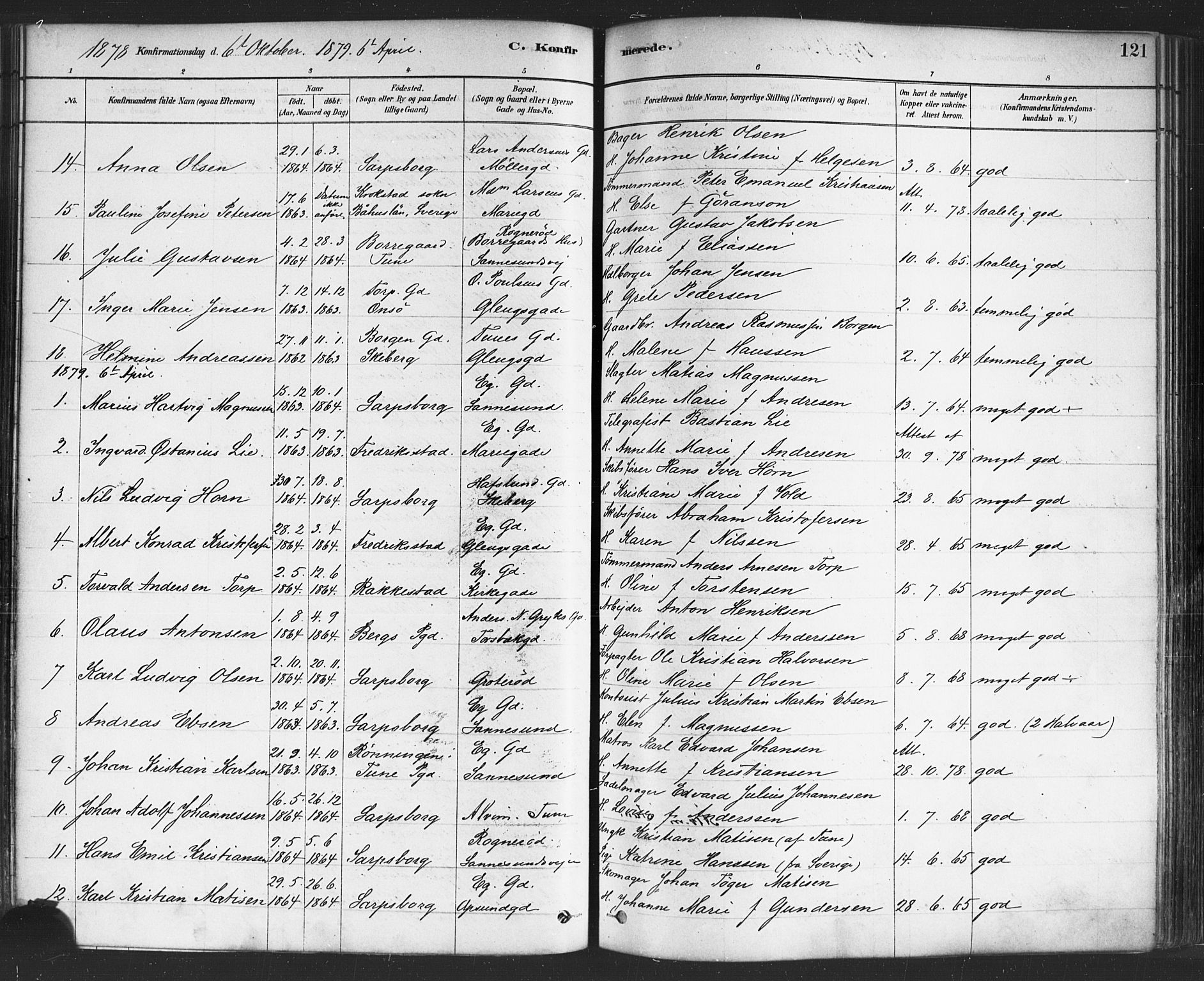 Sarpsborg prestekontor Kirkebøker, SAO/A-2006/F/Fa/L0003: Parish register (official) no. 3, 1878-1891, p. 121