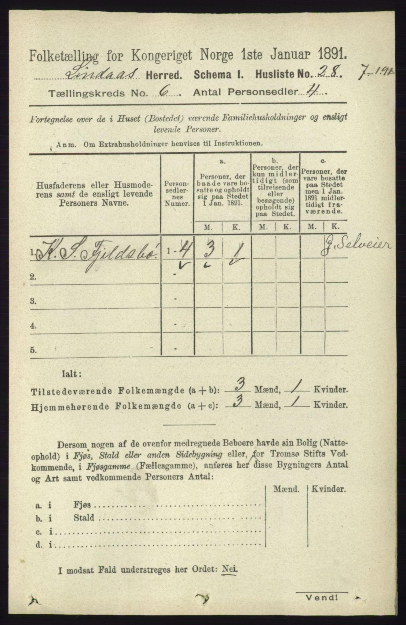 RA, 1891 census for 1263 Lindås, 1891, p. 1846