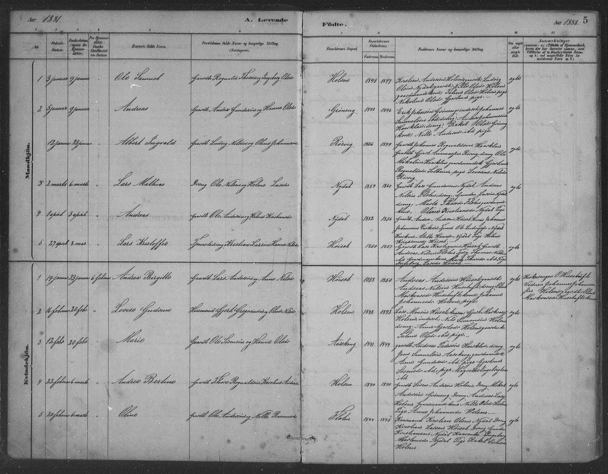 Førde sokneprestembete, SAB/A-79901/H/Hab/Habc/L0002: Parish register (copy) no. C 2, 1881-1911, p. 5