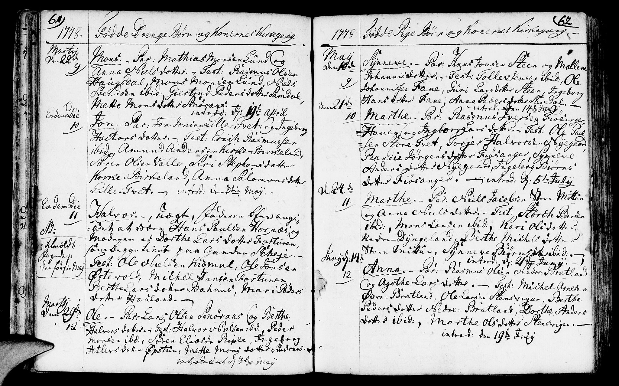 Fana Sokneprestembete, AV/SAB-A-75101/H/Haa/Haaa/L0005: Parish register (official) no. A 5, 1773-1799, p. 61-62