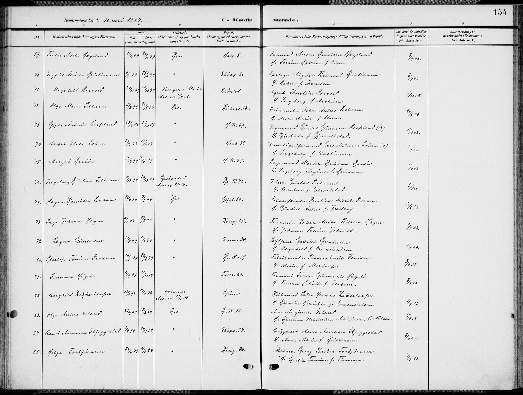 Kristiansand domprosti, AV/SAK-1112-0006/F/Fa/L0022: Parish register (official) no. A 21, 1905-1916, p. 154