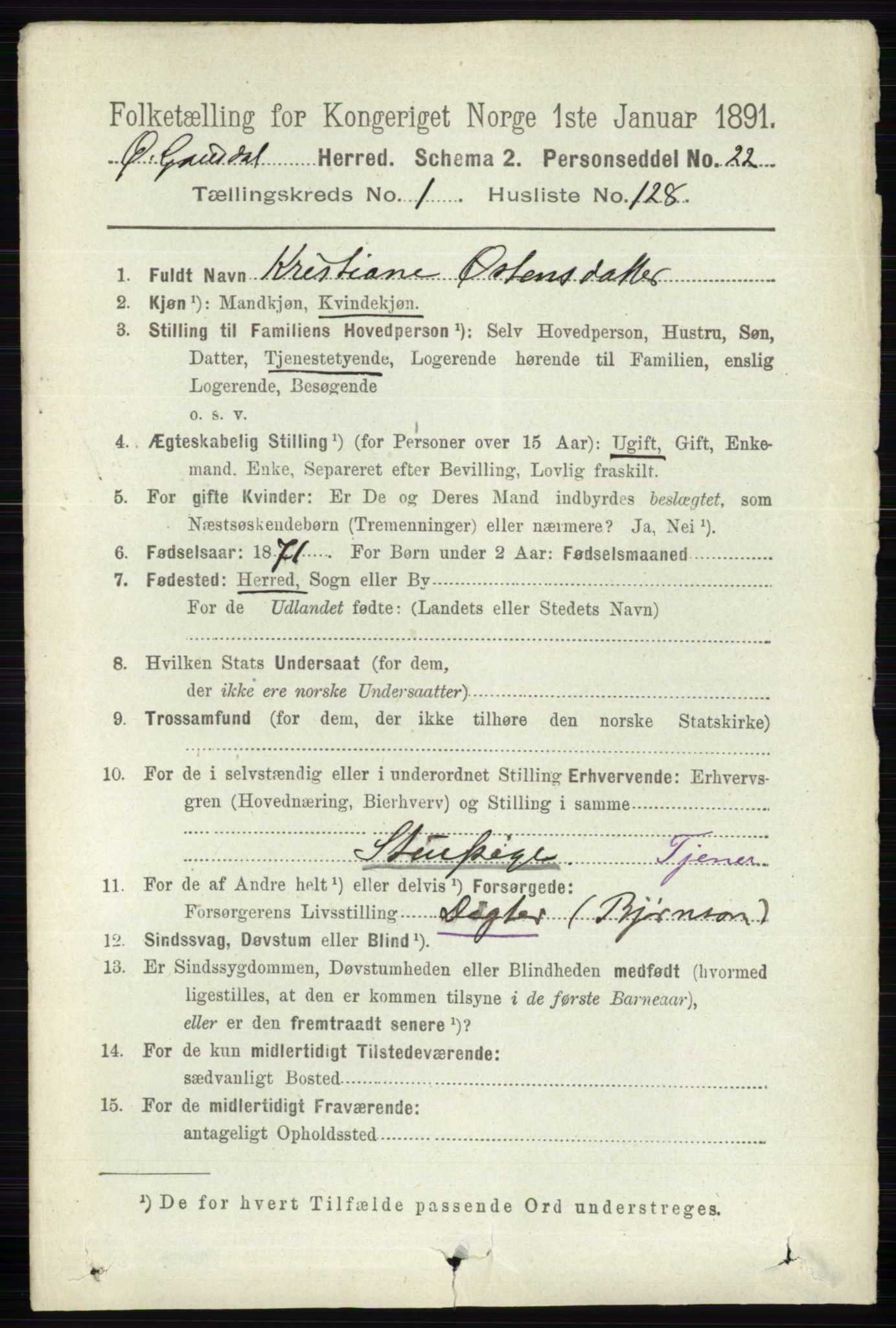 RA, 1891 census for 0522 Østre Gausdal, 1891, p. 1085