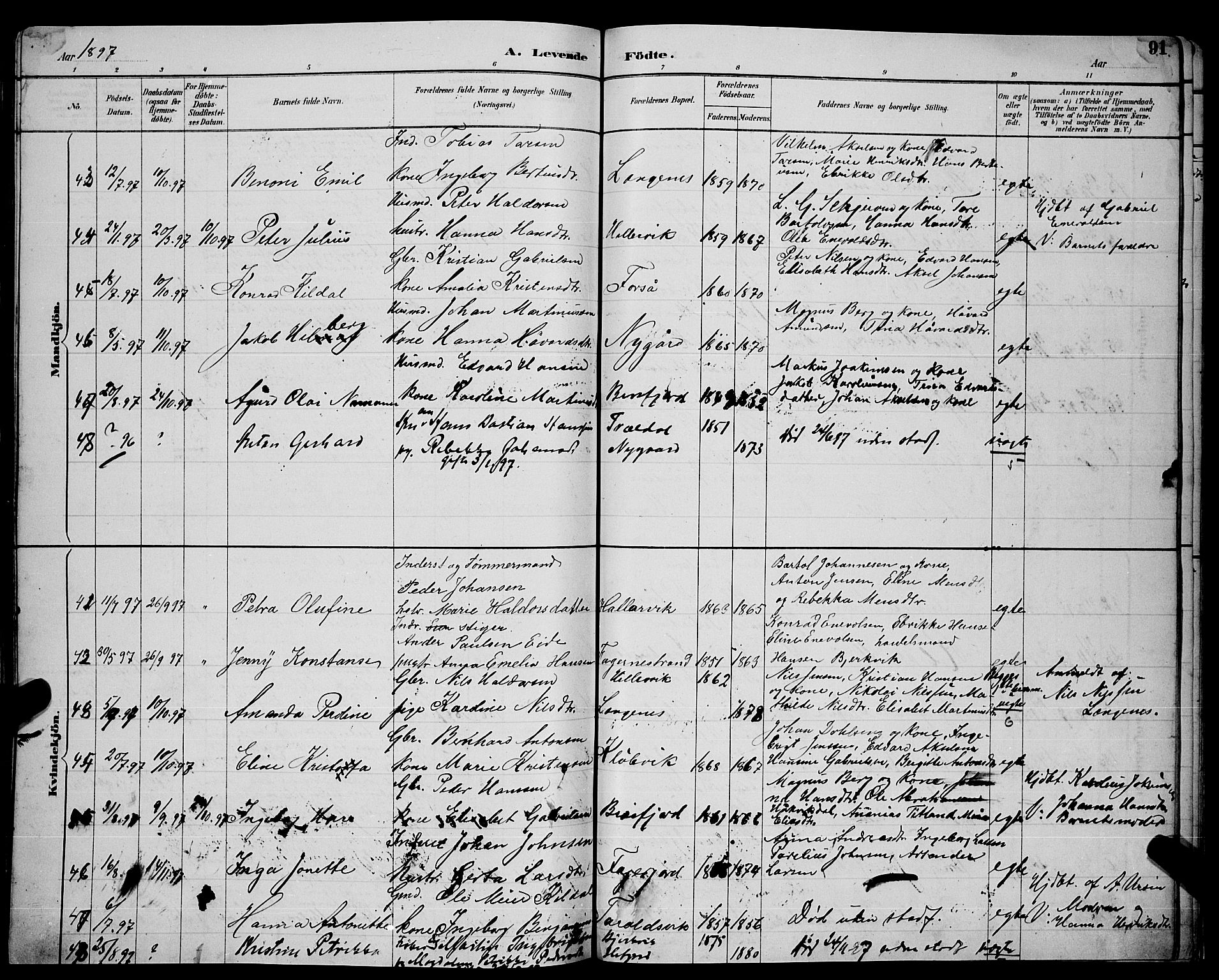 Ministerialprotokoller, klokkerbøker og fødselsregistre - Nordland, AV/SAT-A-1459/866/L0952: Parish register (copy) no. 866C01, 1886-1899, p. 91