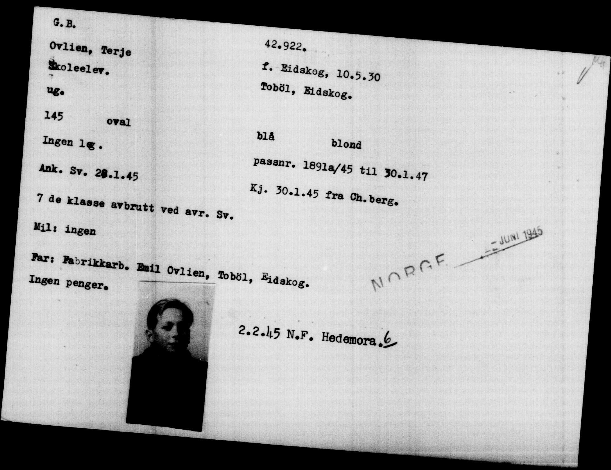 Utenriksstasjonene, Legasjonen i Stockholm, Flyktningkontoret, AV/RA-S-6753/V/Va/L0016: Kjesäterkartoteket, flyktninger med registreringsnr. 40700-43479, 1940-1945, p. 2298