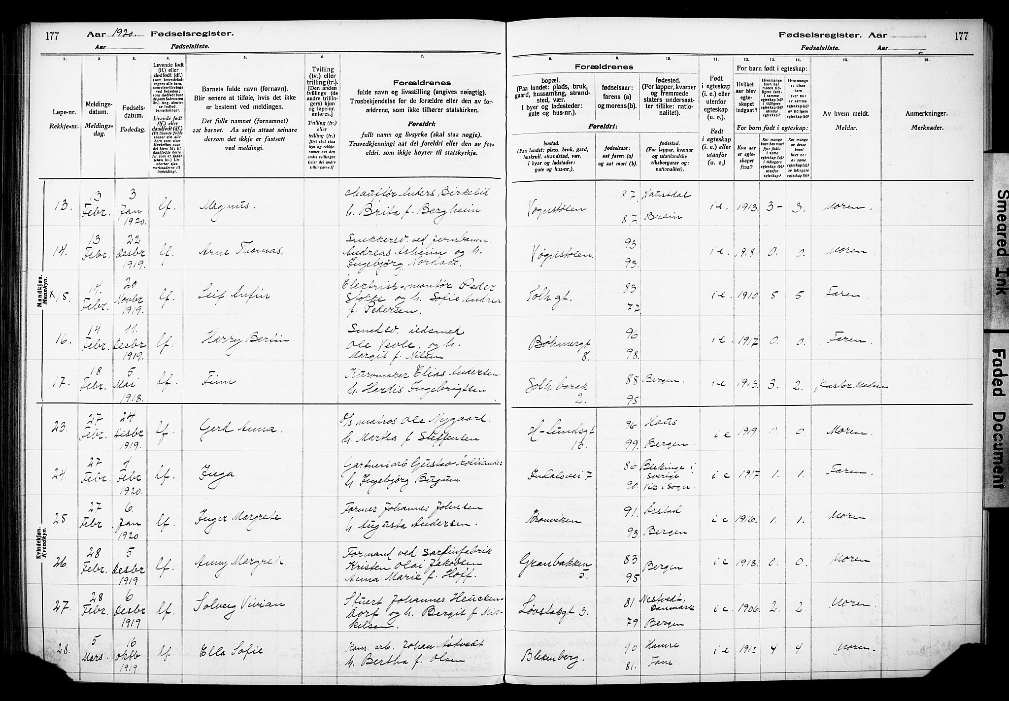 Årstad Sokneprestembete, AV/SAB-A-79301/I/Id/L0A01: Birth register no. A 1, 1916-1920, p. 177