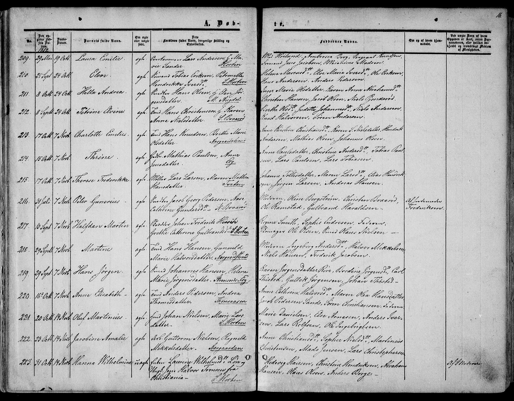 Borre kirkebøker, AV/SAKO-A-338/F/Fa/L0006: Parish register (official) no. I 6, 1852-1862, p. 16