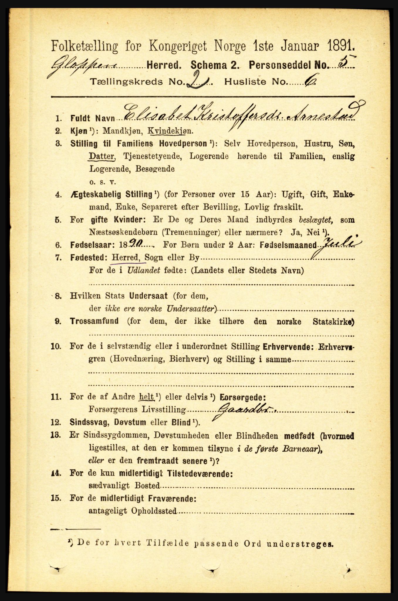 RA, 1891 census for 1445 Gloppen, 1891, p. 658