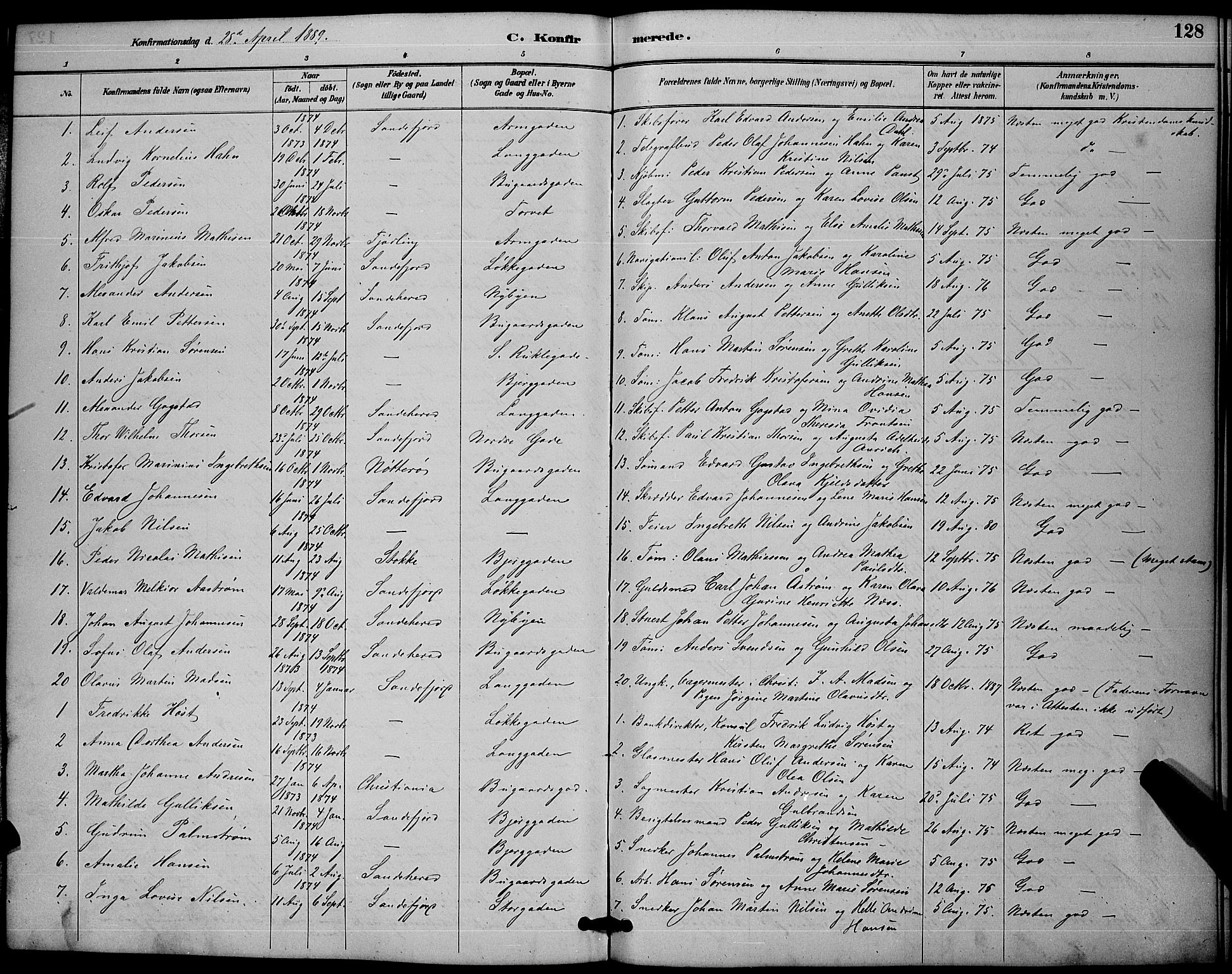 Sandefjord kirkebøker, AV/SAKO-A-315/G/Ga/L0001: Parish register (copy) no. 1, 1885-1903, p. 128